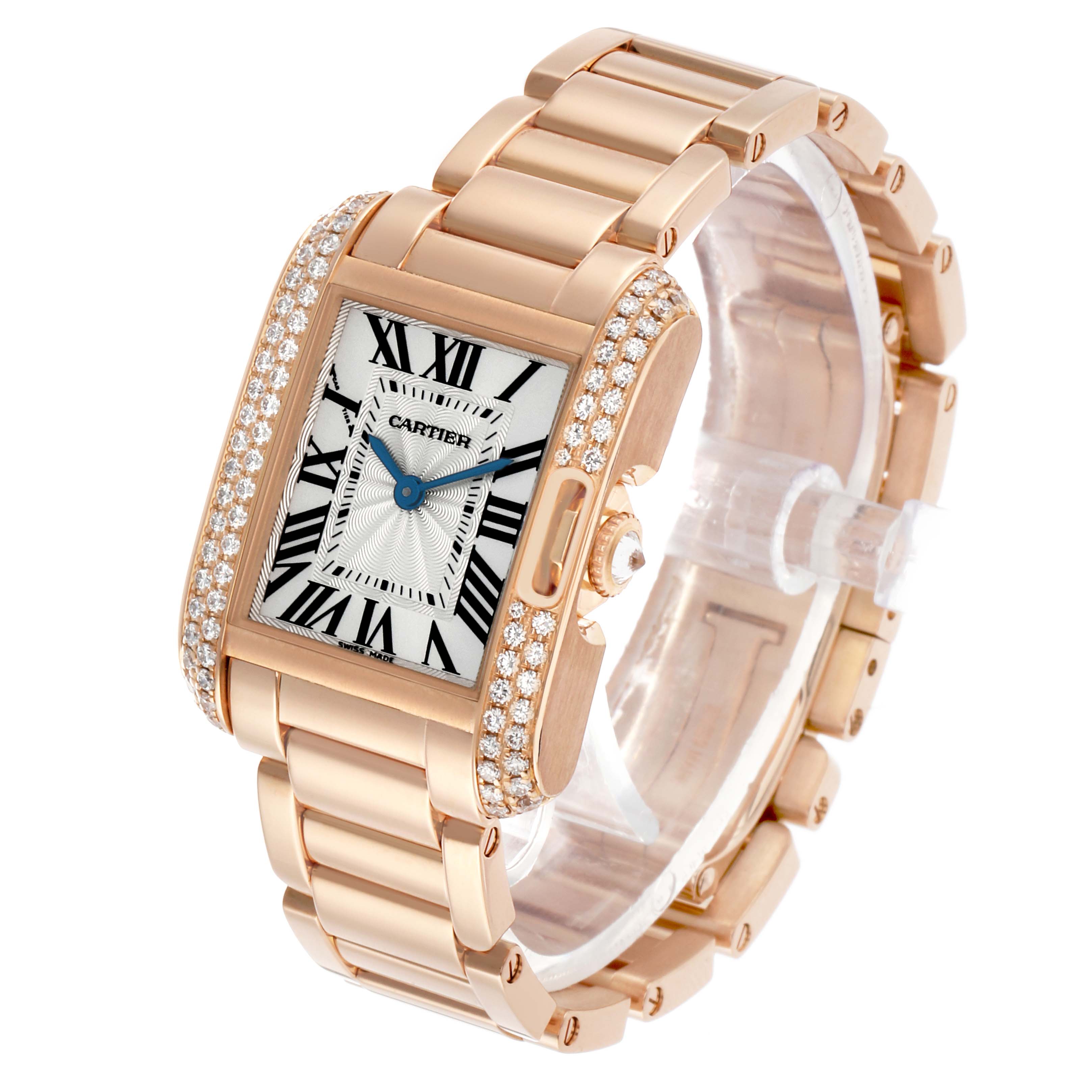 The Cartier Tank Anglaise WT100002 Women's Rose Gold Silver Dial watch is shown at a three-quarter angle, highlighting its diamond-studded bezel, dial, and bracelet.