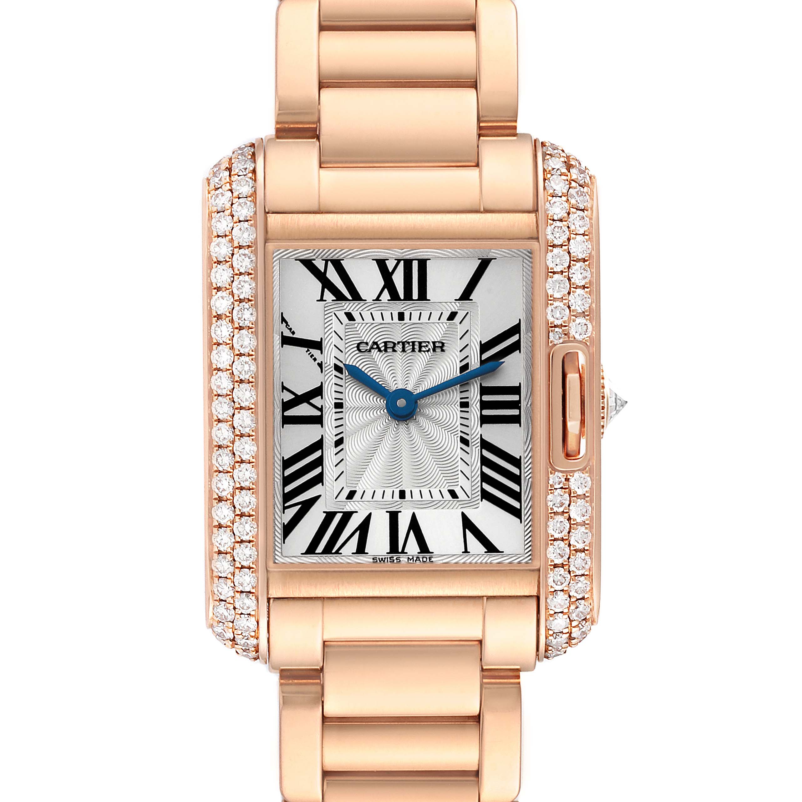 The Cartier Tank Anglaise WT100002 Women's Rose Gold Silver Dial watch is shown from the front, highlighting the rectangular face, Roman numerals, and diamond-set bezel.
