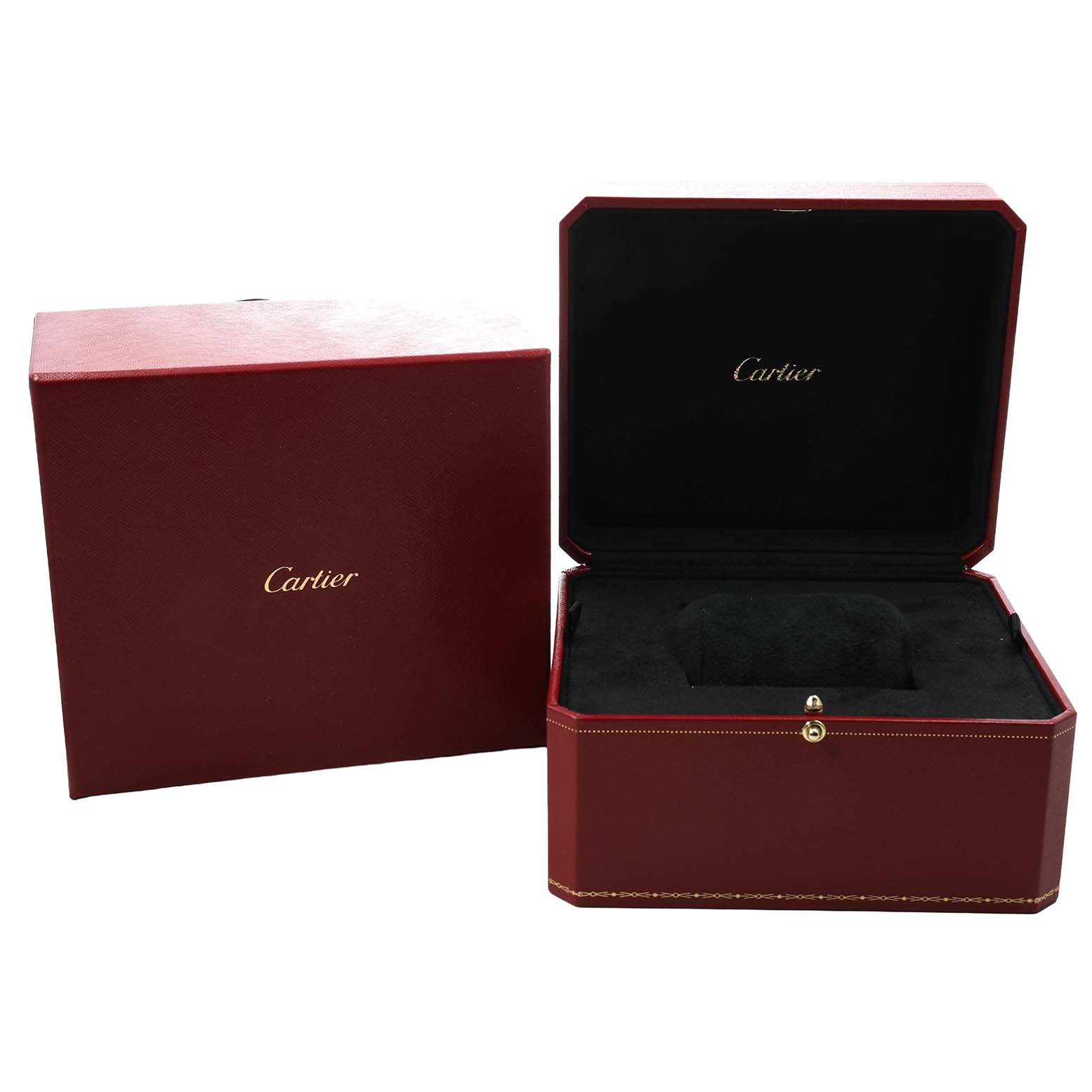 The image shows the Cartier Tank Anglaise WT100002 Women's Rose Gold Silver Dial watch box, featuring an open red case with an interior pillow and exterior branding.