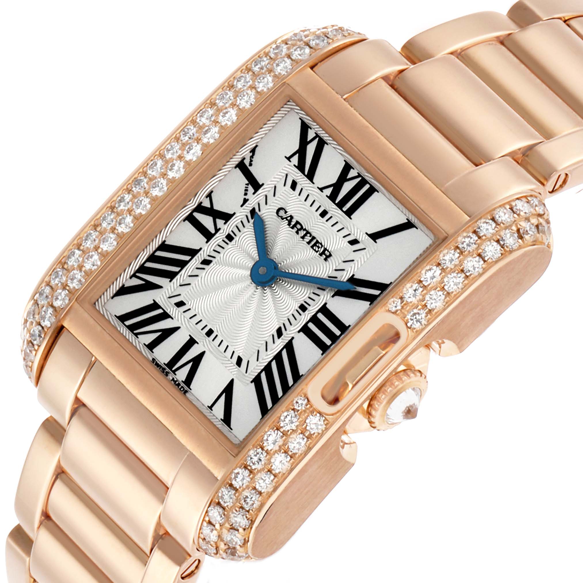 The Cartier Tank Anglaise WT100002 Women's Rose Gold Silver Dial watch is shown at an angle highlighting the face, bezel, crown, and diamond accents.