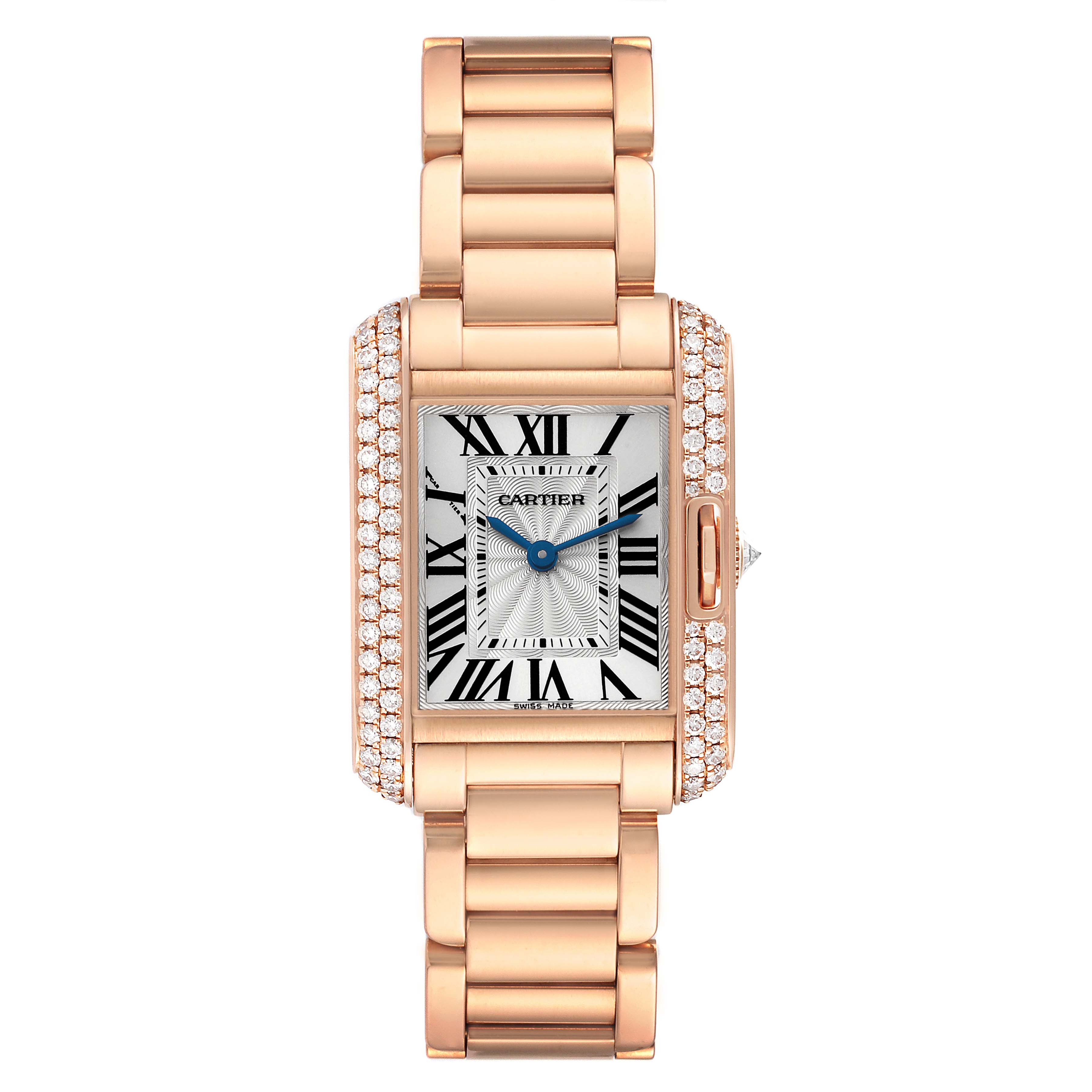 The Cartier Tank Anglaise WT100002 Women's Rose Gold Silver Dial watch is shown from a top-down angle, displaying its face, bezel, and bracelet.
