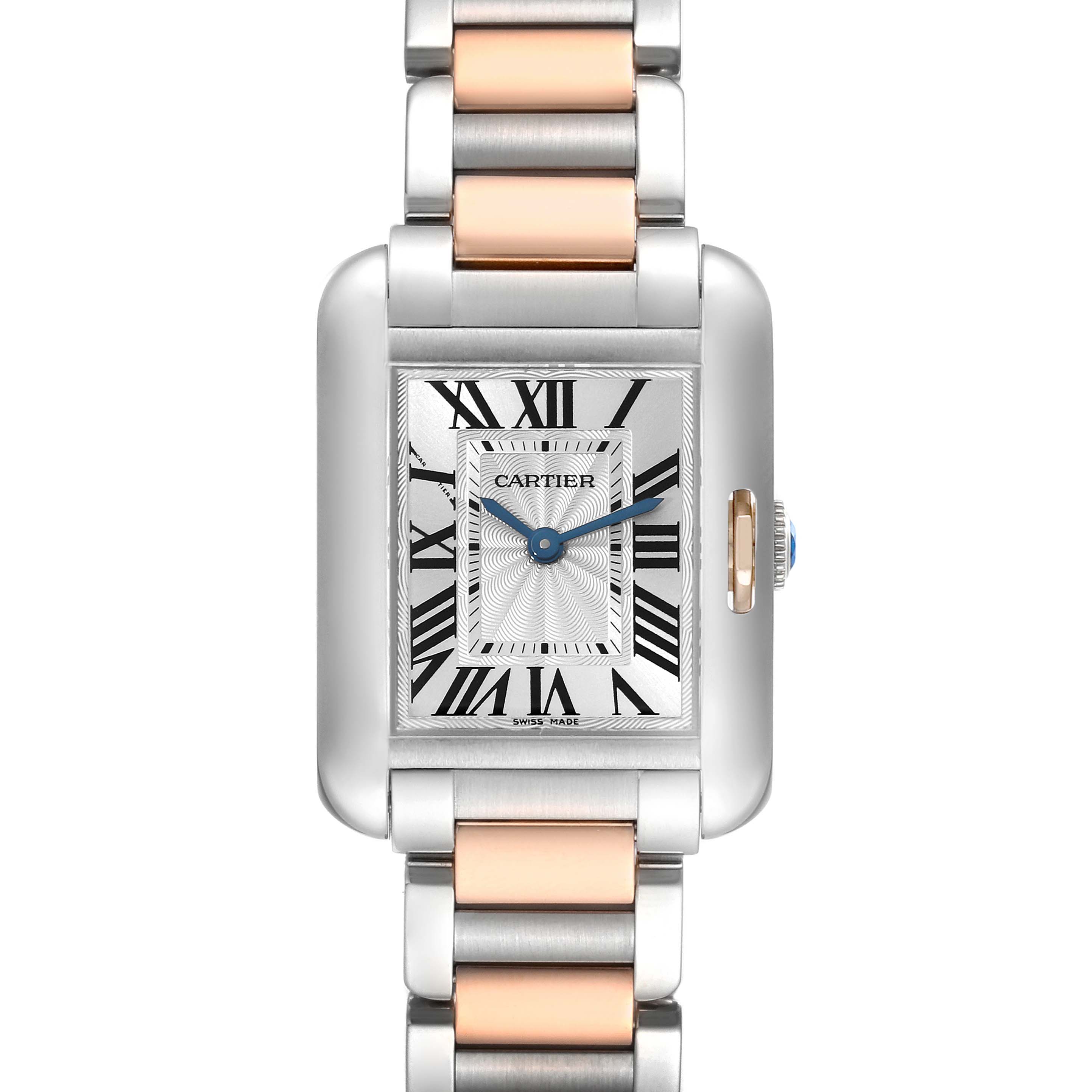This image shows a front view of the Cartier Tank Anglaise W5310019 Women
s Steel and Gold (two tone) Silver Dial W5310019 Women
s Steel and Gold (two tone) Silver Dial watch, highlighting the face, roman numerals, and part of the bracelet.