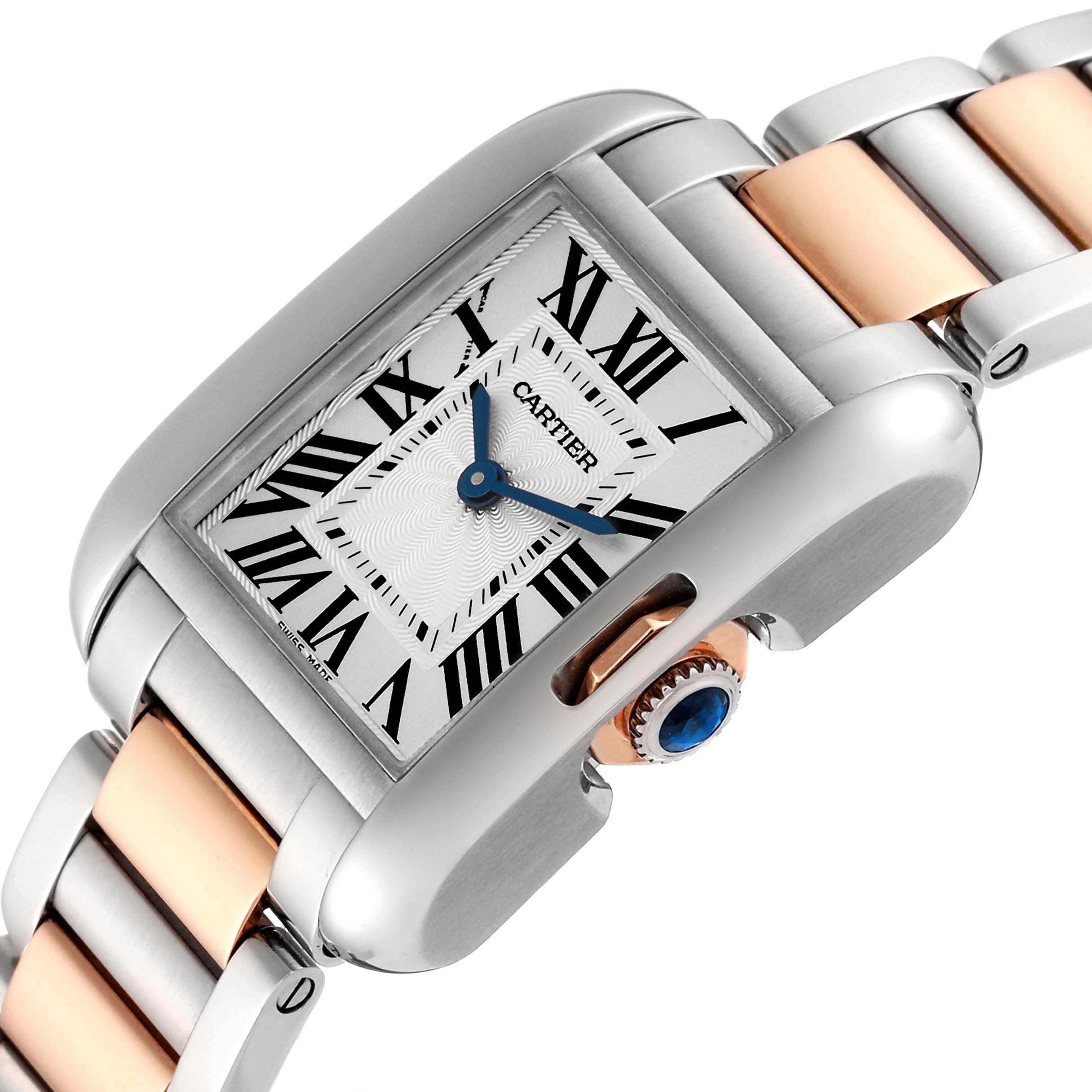The image shows a Cartier Tank Anglaise W5310019 Women
s Steel and Gold (two tone) Silver Dial W5310019 Women
s Steel and Gold (two tone) Silver Dial watch from an angled side view, highlighting the dial, crown, and part of the bracelet.
