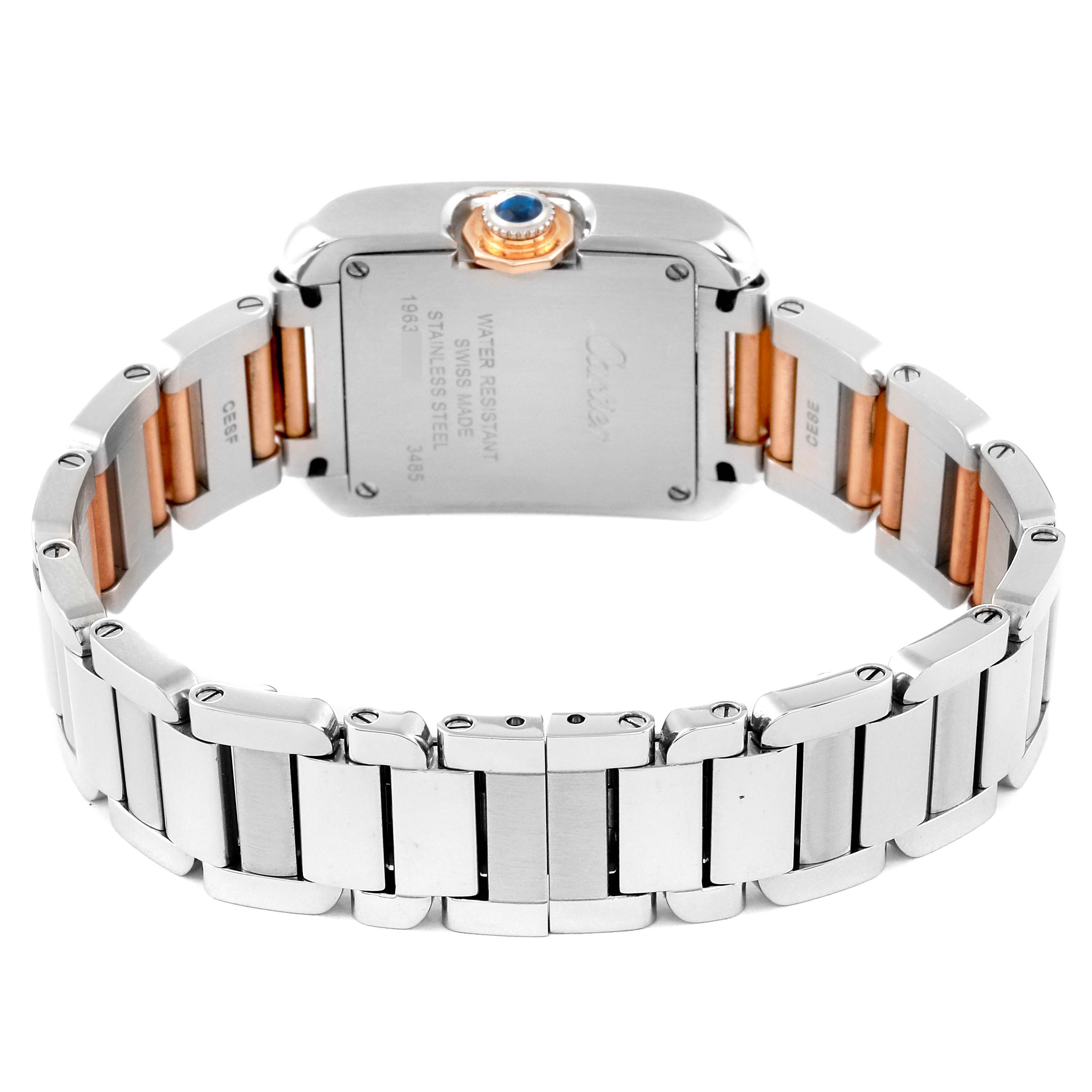 The image shows the back view of the Cartier Tank Anglaise W5310019 Women
s Steel and Gold (two tone) Silver Dial W5310019 Women
s Steel and Gold (two tone) Silver Dial watch, focusing on the caseback, bracelet, and crown.
