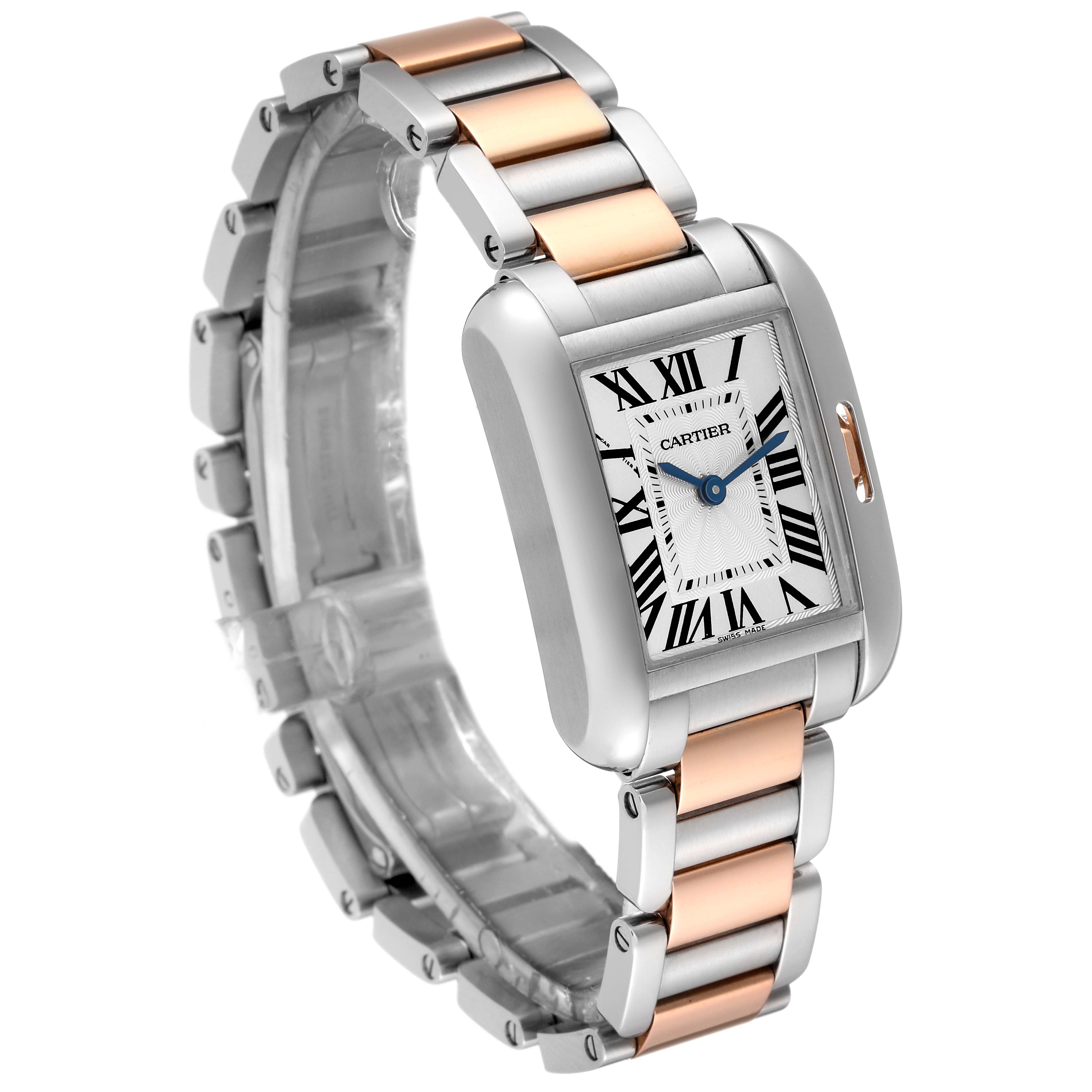The image shows a Cartier Tank Anglaise W5310019 Women
s Steel and Gold (two tone) Silver Dial W5310019 Women
s Steel and Gold (two tone) Silver Dial watch angled to display the face, bezel, and two-tone metal bracelet.
