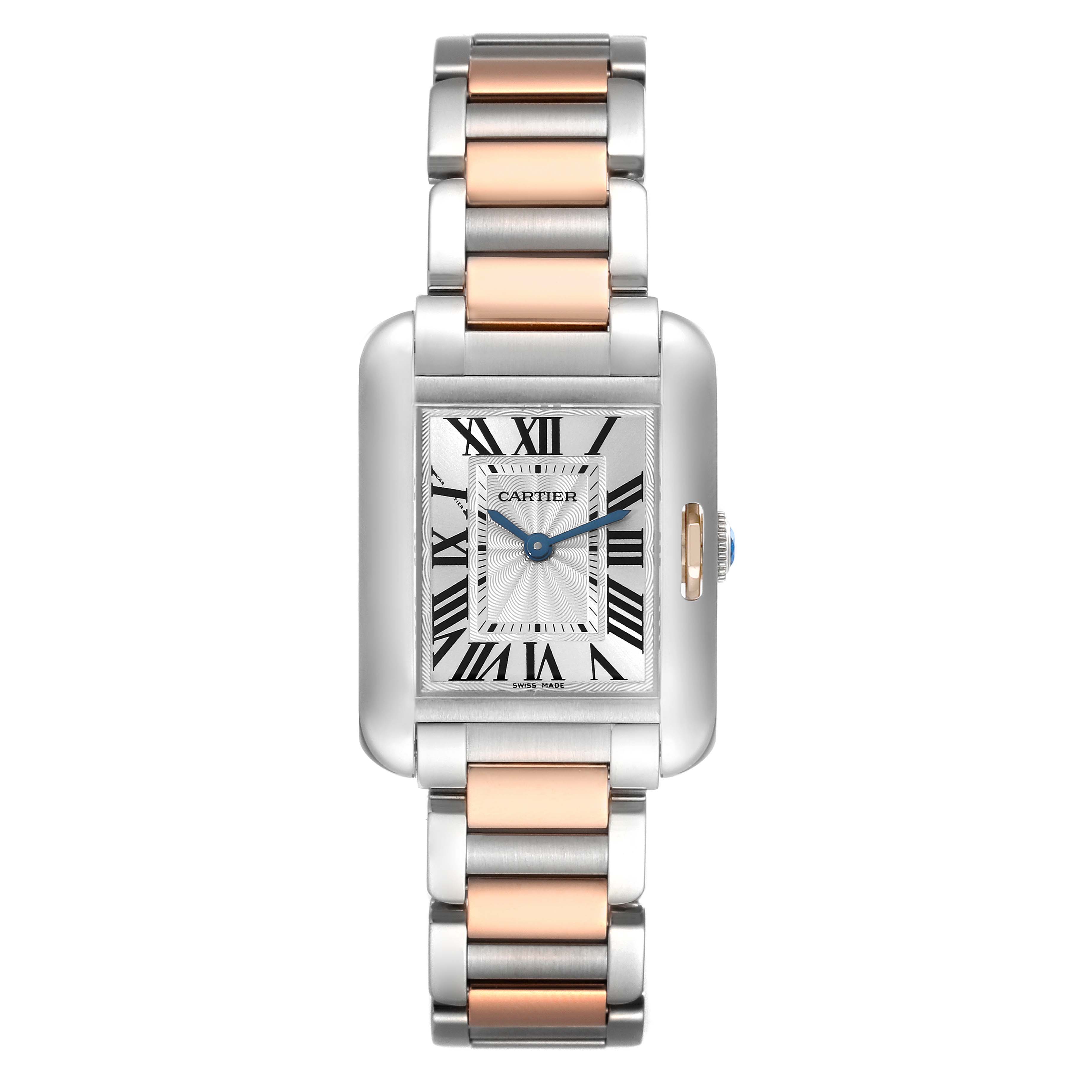 The image shows a front view of the Cartier Tank Anglaise W5310019 Women
s Steel and Gold (two tone) Silver Dial W5310019 Women
s Steel and Gold (two tone) Silver Dial watch, highlighting its face and two-tone metal bracelet.