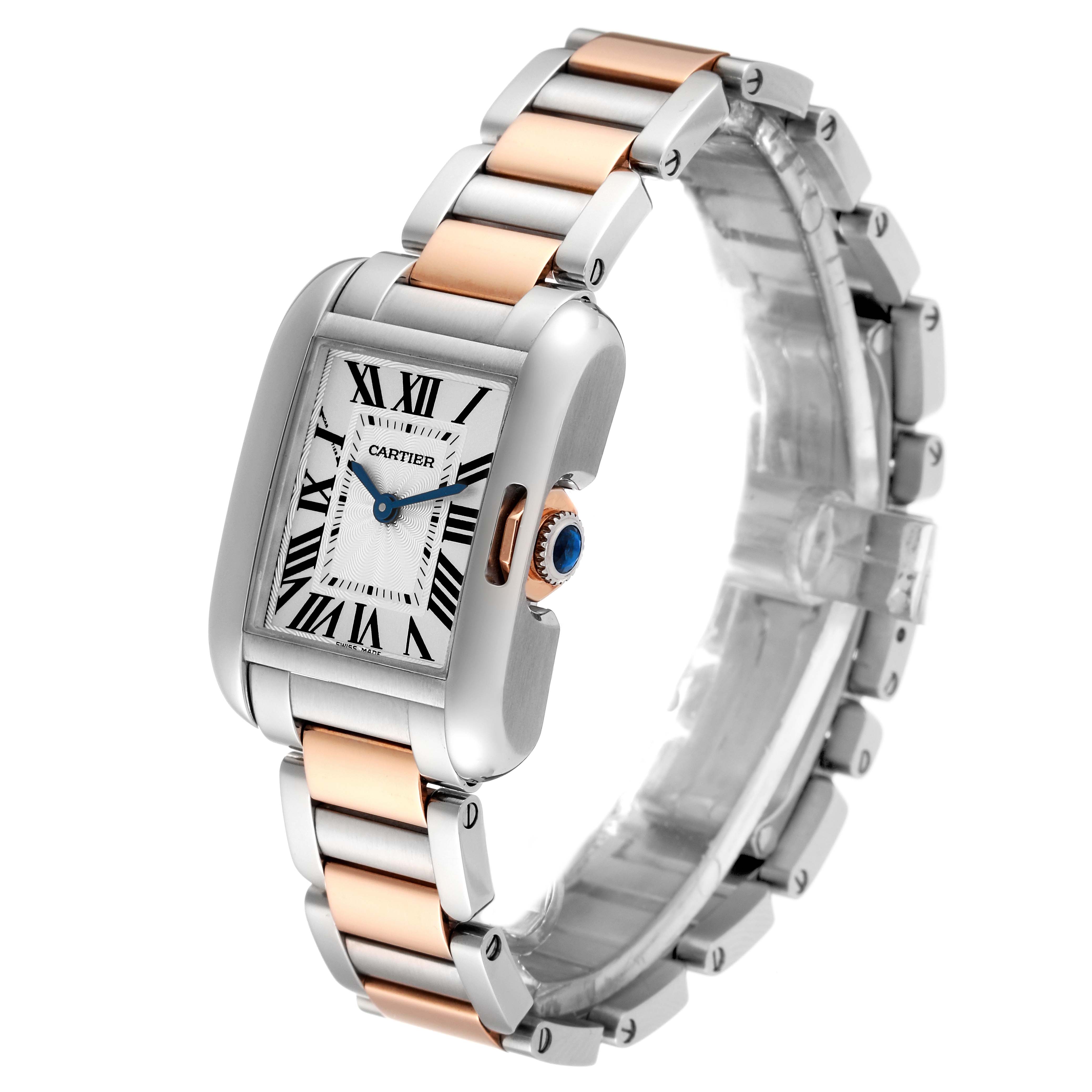 This image shows a side and front angle of the Cartier Tank Anglaise W5310019 Women
s Steel and Gold (two tone) Silver Dial W5310019 Women
s Steel and Gold (two tone) Silver Dial watch, with visible face, crown, and metal bracelet.