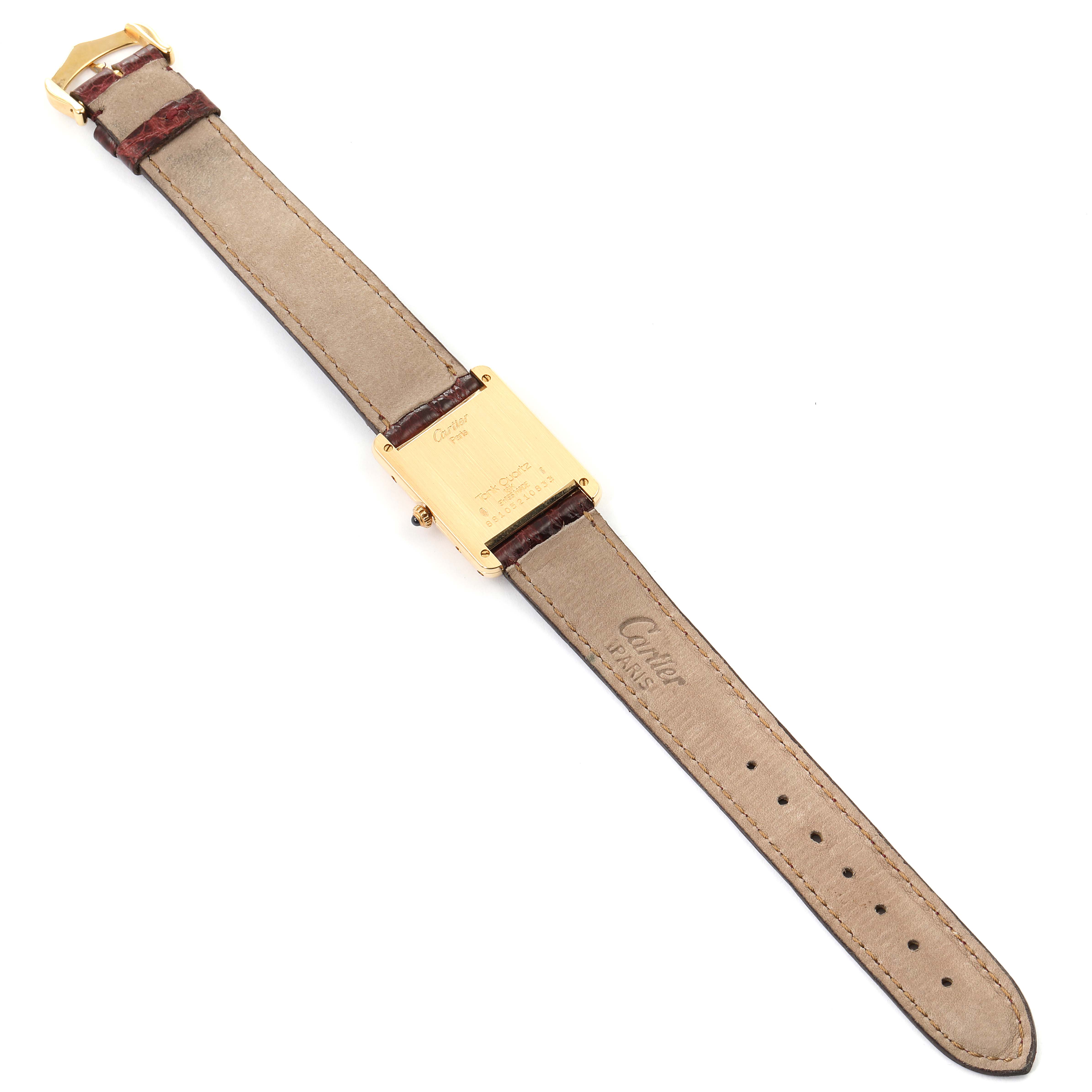 The image shows the back view of the Cartier Tank Classic  Women's Yellow Gold White Dial  Women's Yellow Gold White Dial watch, highlighting the strap and case.