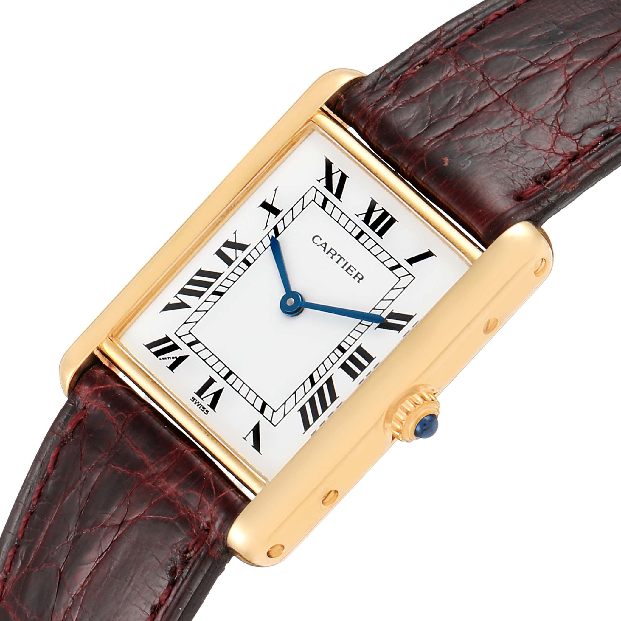 The Cartier Tank Classic  Women's Yellow Gold White Dial  Women's Yellow Gold White Dial watch is shown from a top-down angle, highlighting its rectangular face, blue hands, and leather strap.