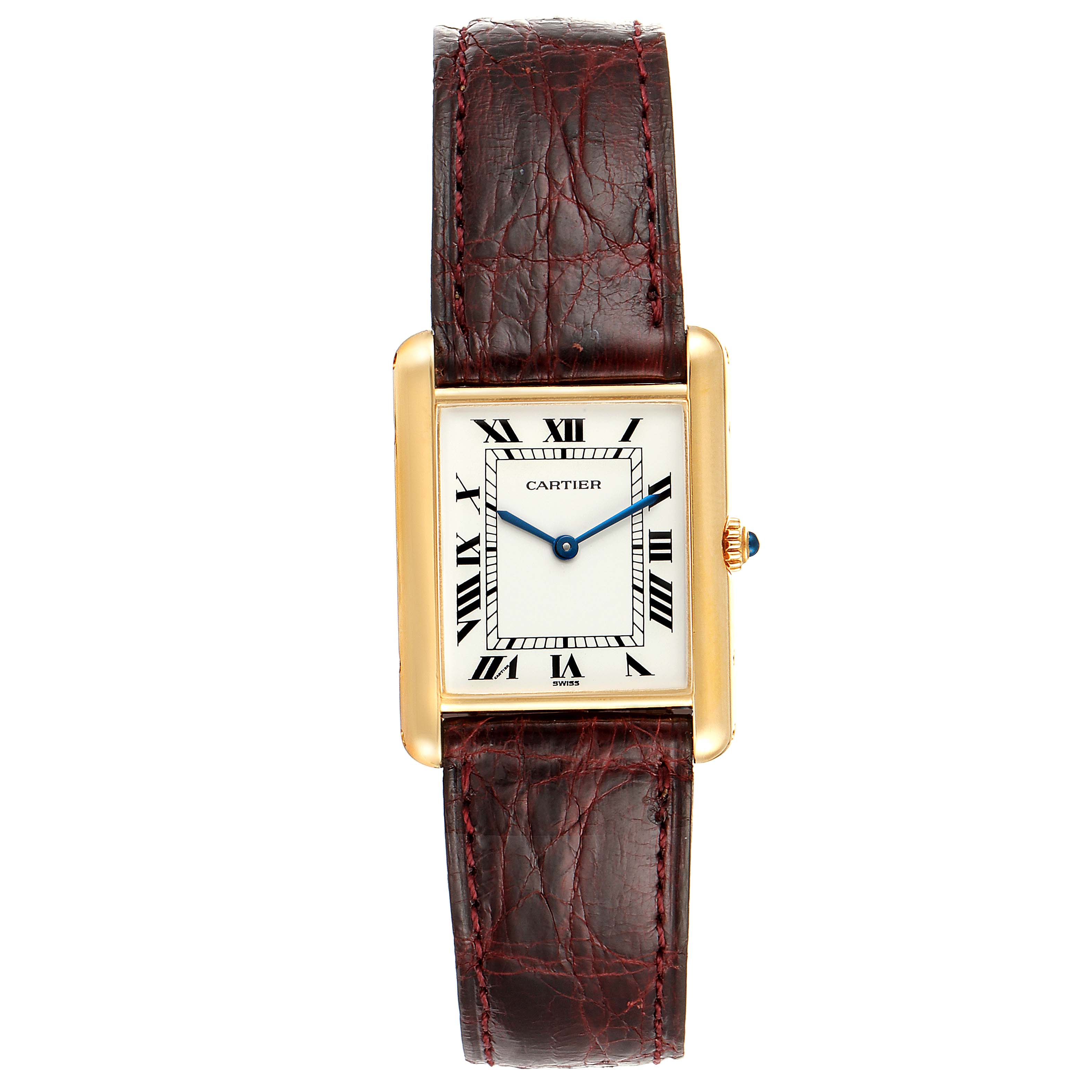 The image shows a Cartier Tank Classic  Women's Yellow Gold White Dial  Women's Yellow Gold White Dial watch featuring a rectangular face, Roman numerals, blue hands, and a brown leather strap from a top view.