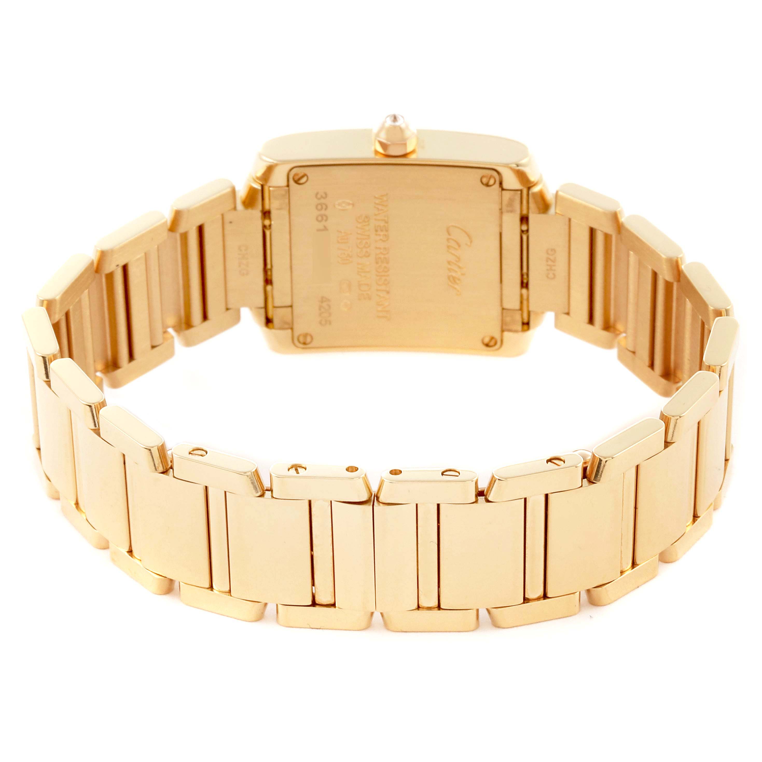 The image shows the back and bracelet of a Cartier Tank Française watch from a slightly elevated rear angle.