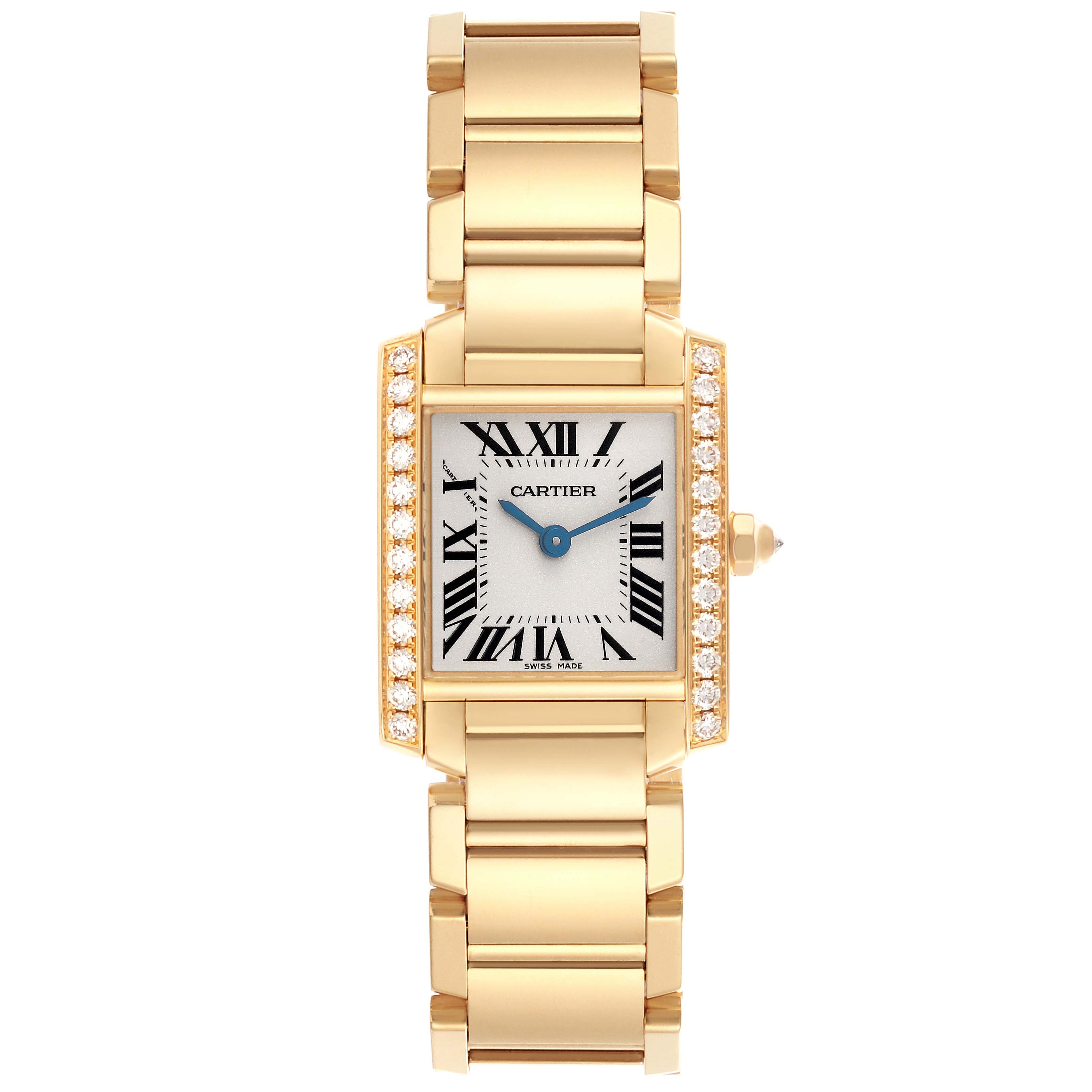 The Cartier Tank Française watch is shown from a top view, displaying its gold bracelet, diamond-set bezel, and Roman numeral dial.