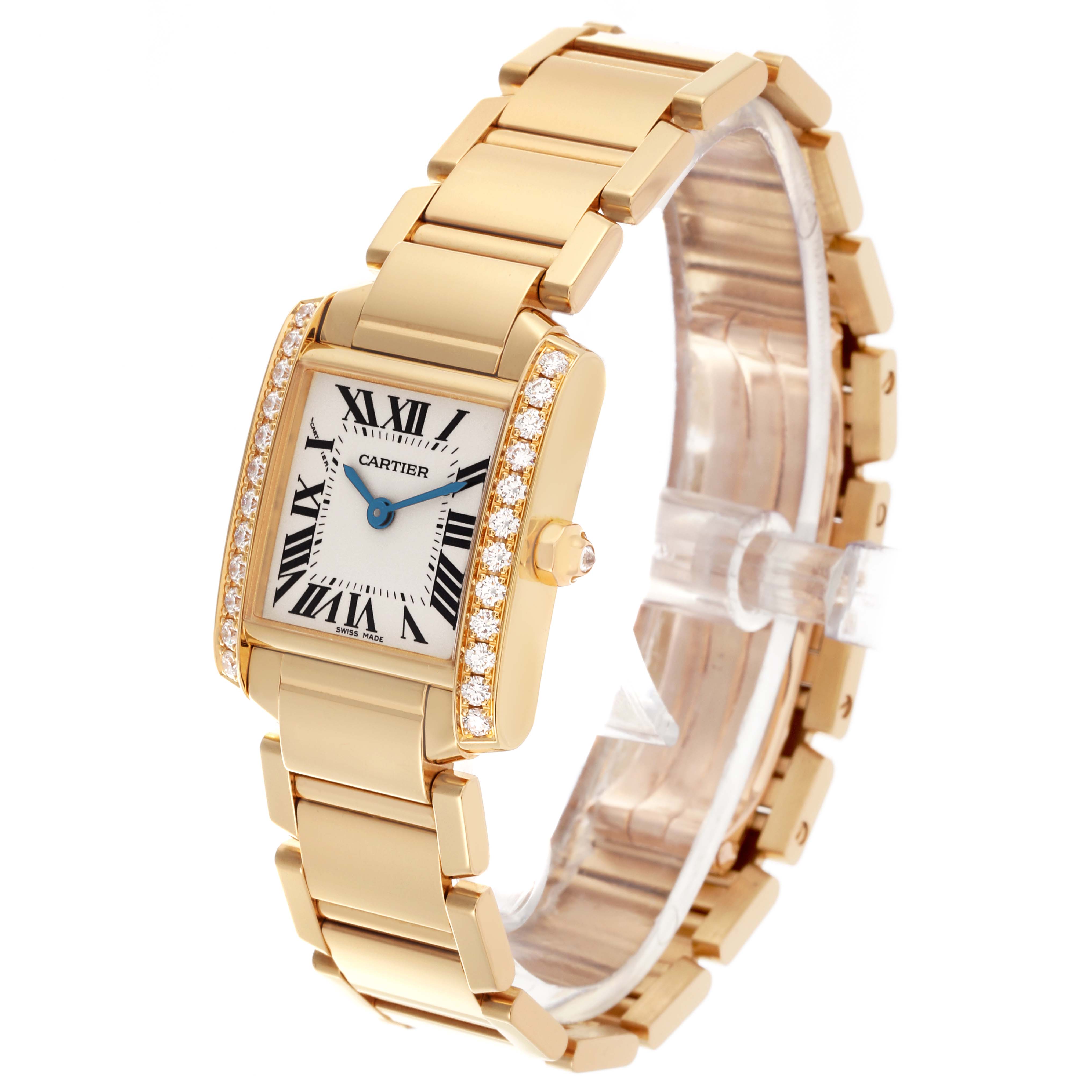 The Cartier Tank Française watch is shown at a three-quarter angle, displaying the diamond-set bezel and bracelet.