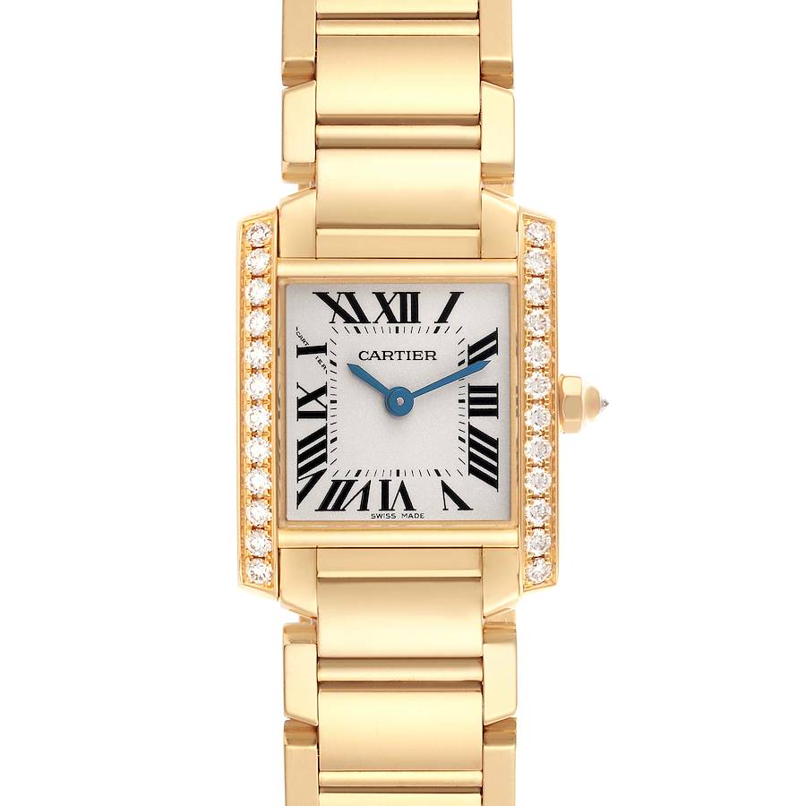 The Cartier Tank Francaise watch is shown from the front, highlighting its rectangular dial, Roman numerals, gold bracelet, and diamond accents.