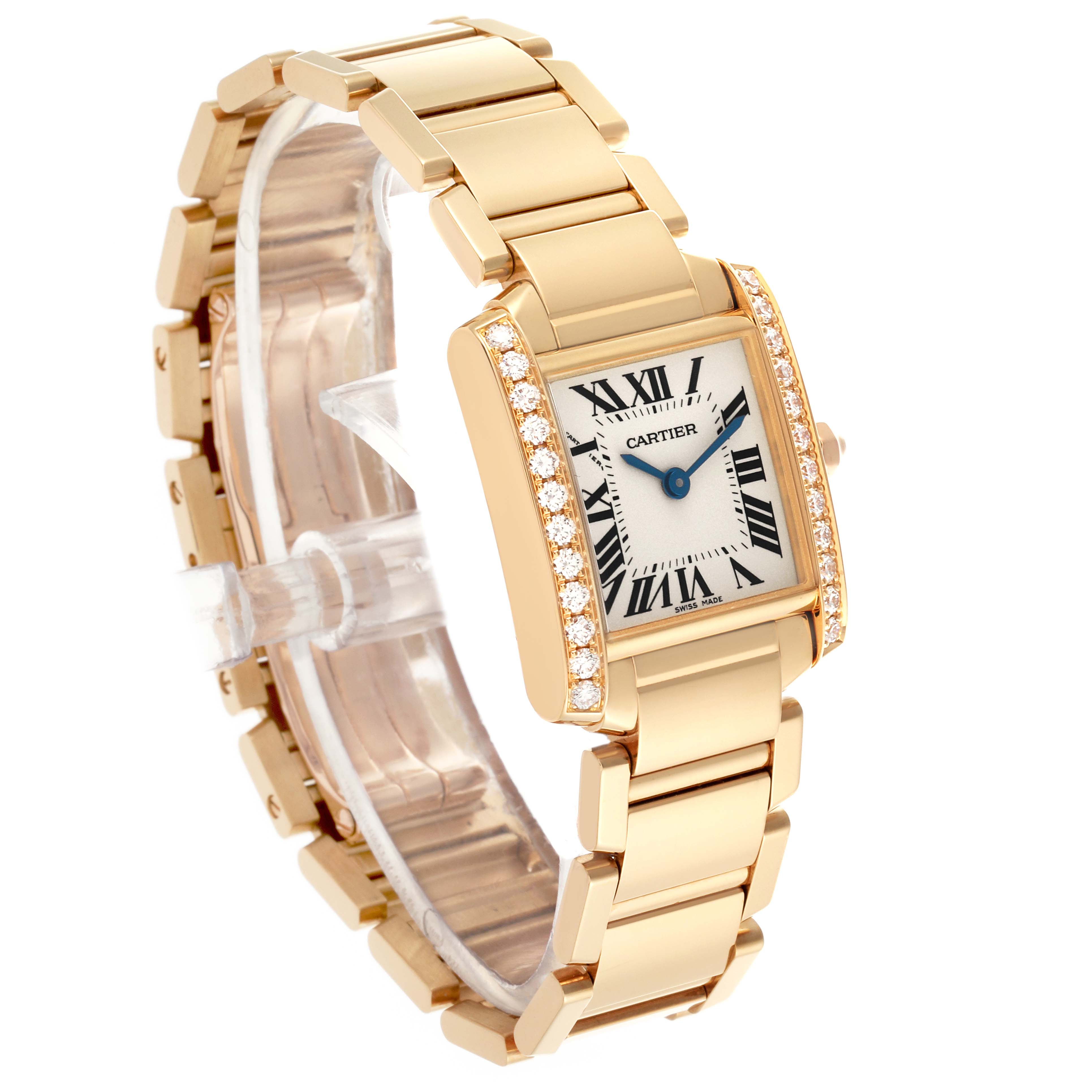 The Cartier Tank Francaise WJTA0024 Women's Yellow Gold Silver Dial WJTA0024 Women's Yellow Gold Silver Dial watch is shown at a three-quarter angle, highlighting the gold bracelet and diamond-encrusted case.