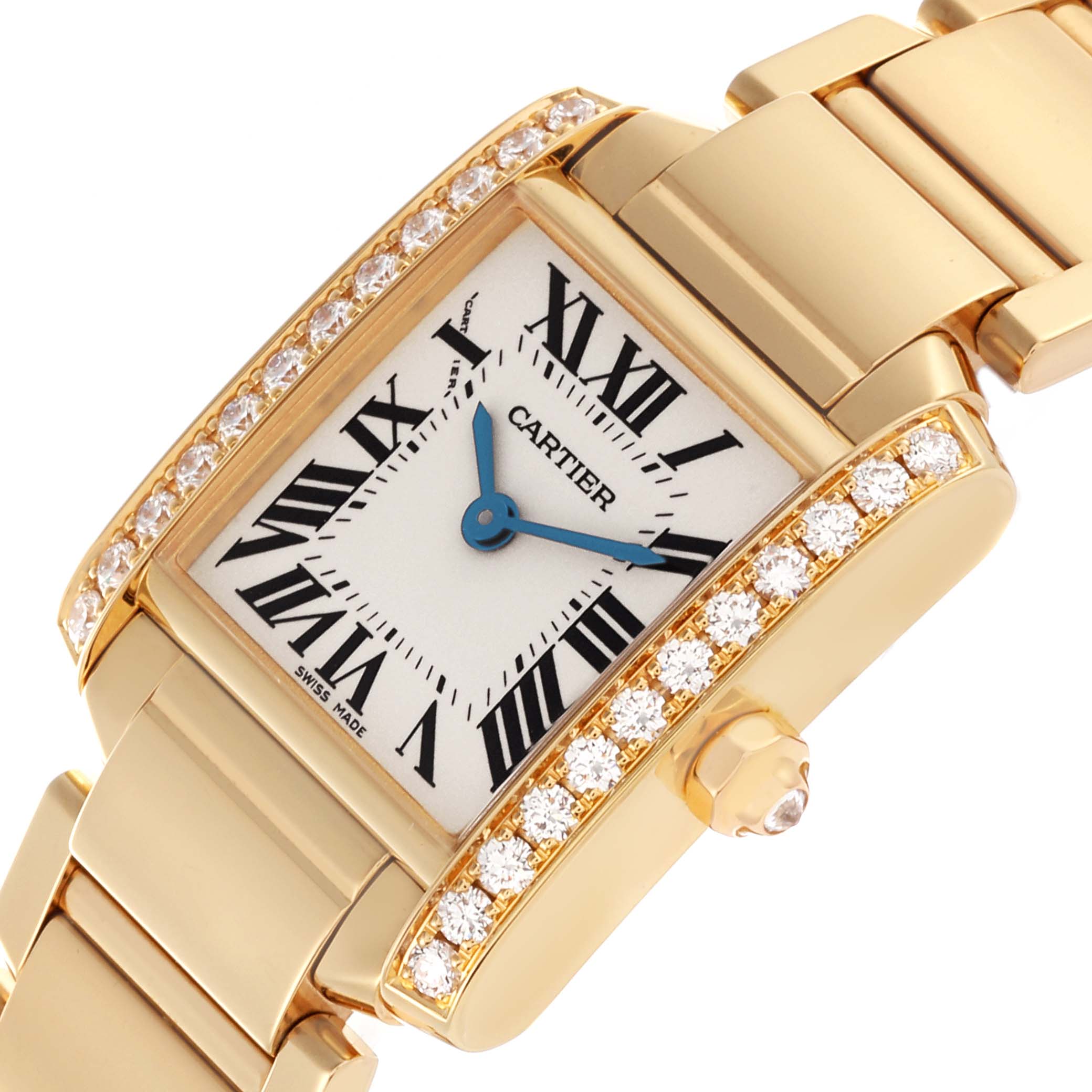 The Cartier Tank Francaise WJTA0024 Women's Yellow Gold Silver Dial WJTA0024 Women's Yellow Gold Silver Dial watch is shown at an angle highlighting its diamond-encrusted bezel and gold bracelet.