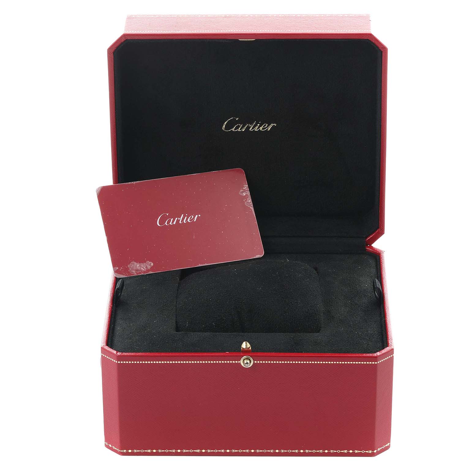 The image shows a Cartier watch box for the Tank Francaise model, featuring the box and a red Cartier card from a front angle.