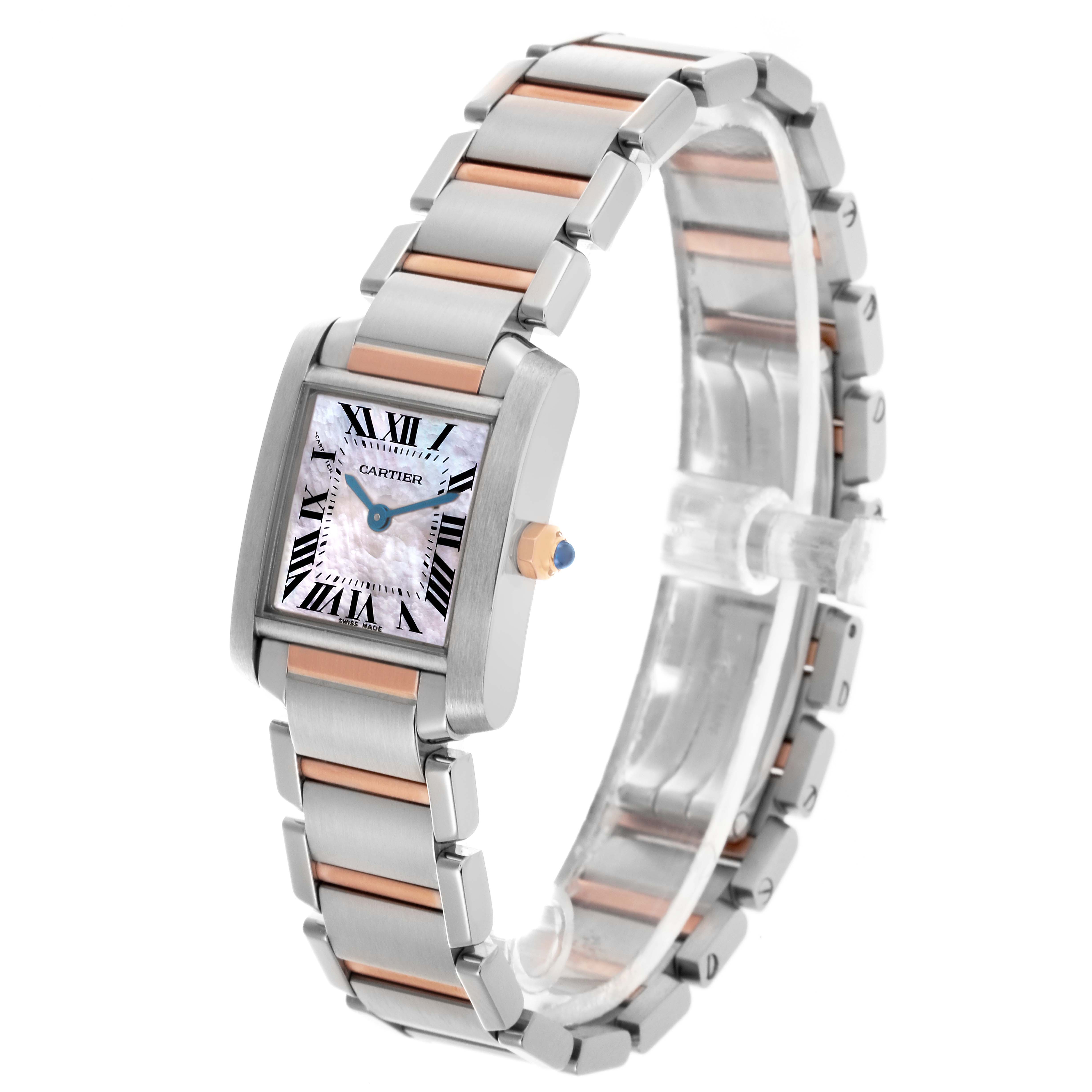 The Cartier Tank Française watch is shown at a three-quarter angle, highlighting its case, bracelet, and dial.