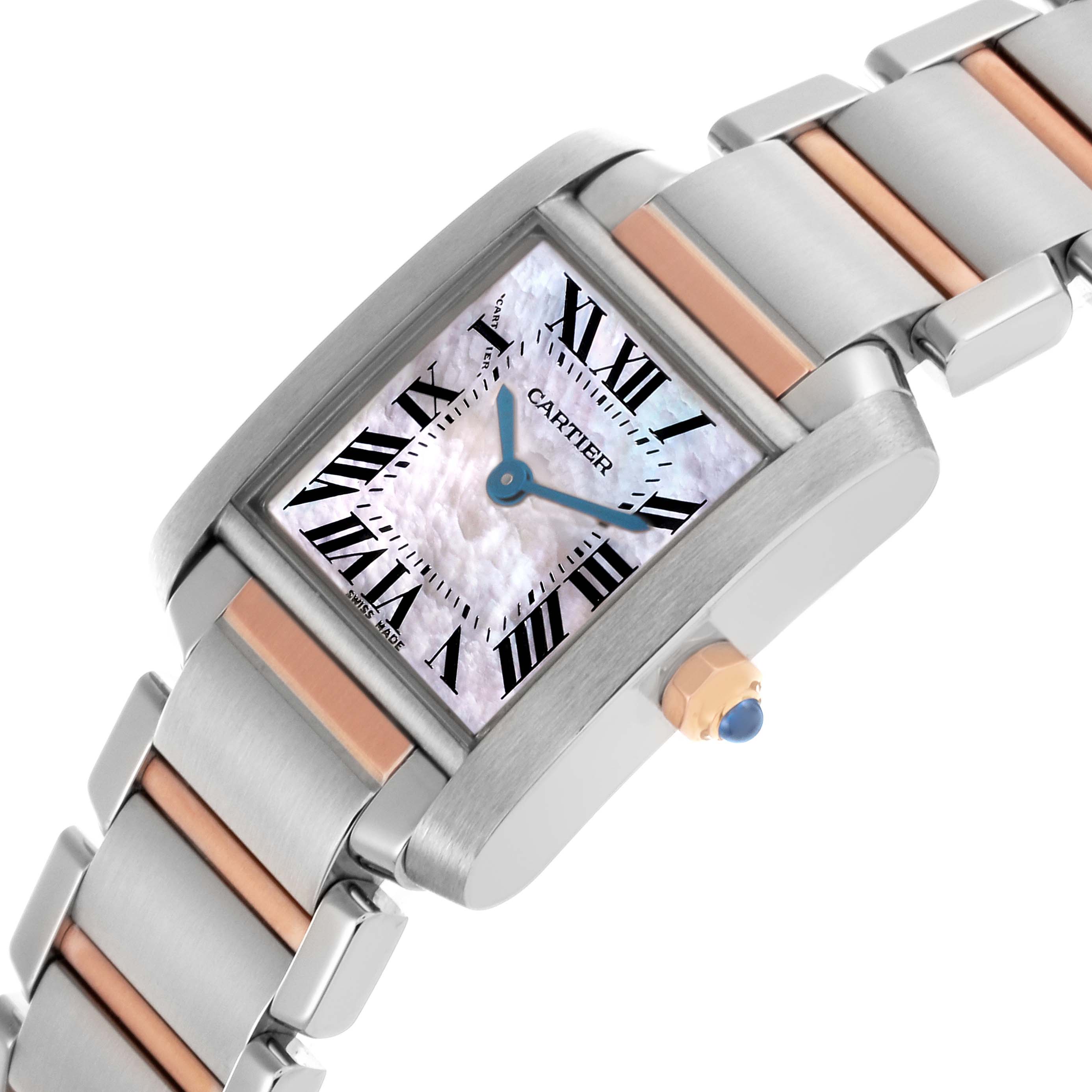 The Cartier Tank Française watch is shown at an angle highlighting its face, crown, and two-tone bracelet.