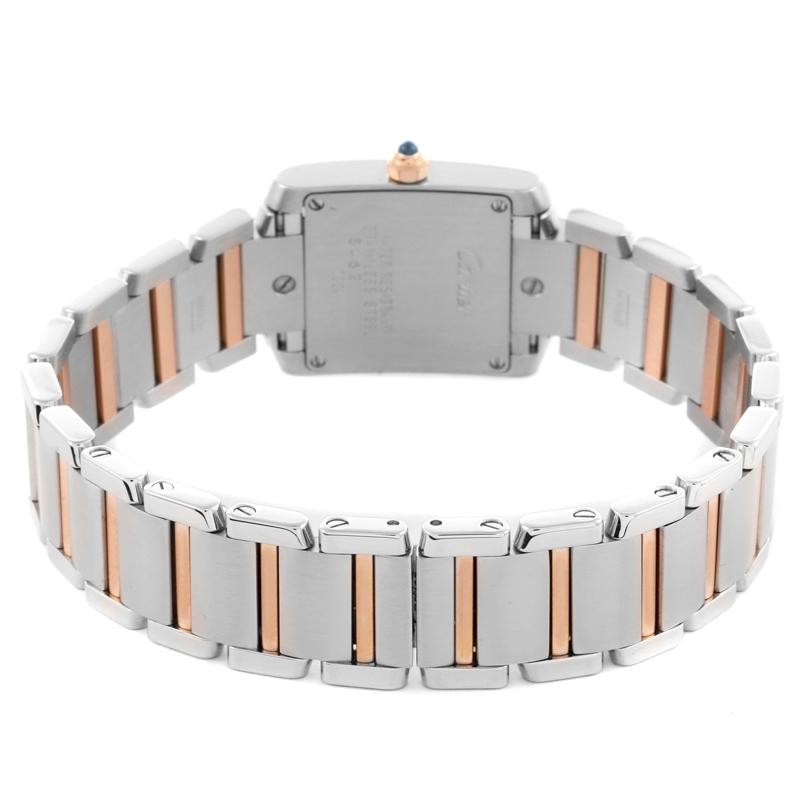 The image shows the back and bracelet of the Cartier Tank Française watch, highlighting the metal links.