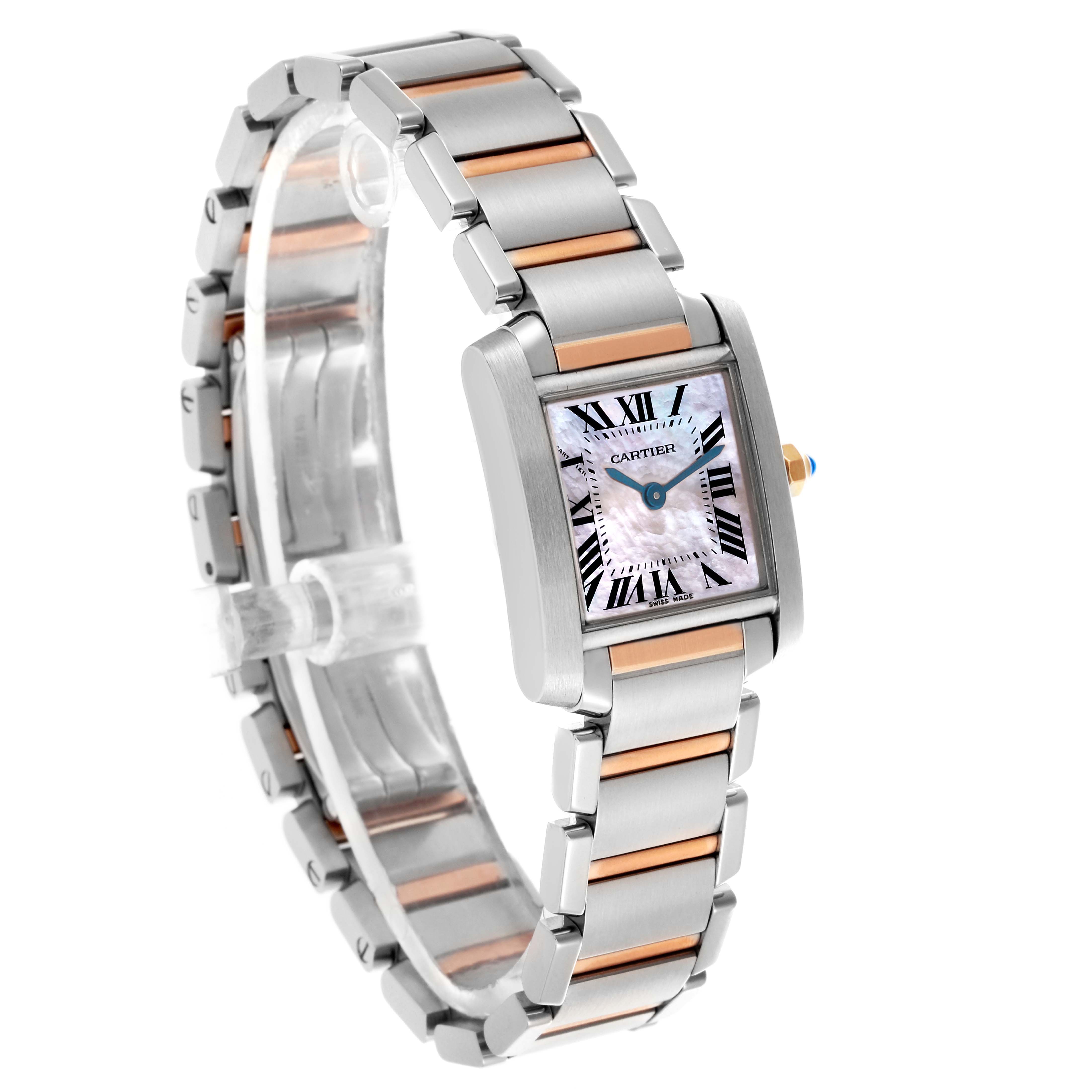 The Cartier Tank Française watch is shown at a slight side angle, highlighting its two-tone bracelet and square dial.