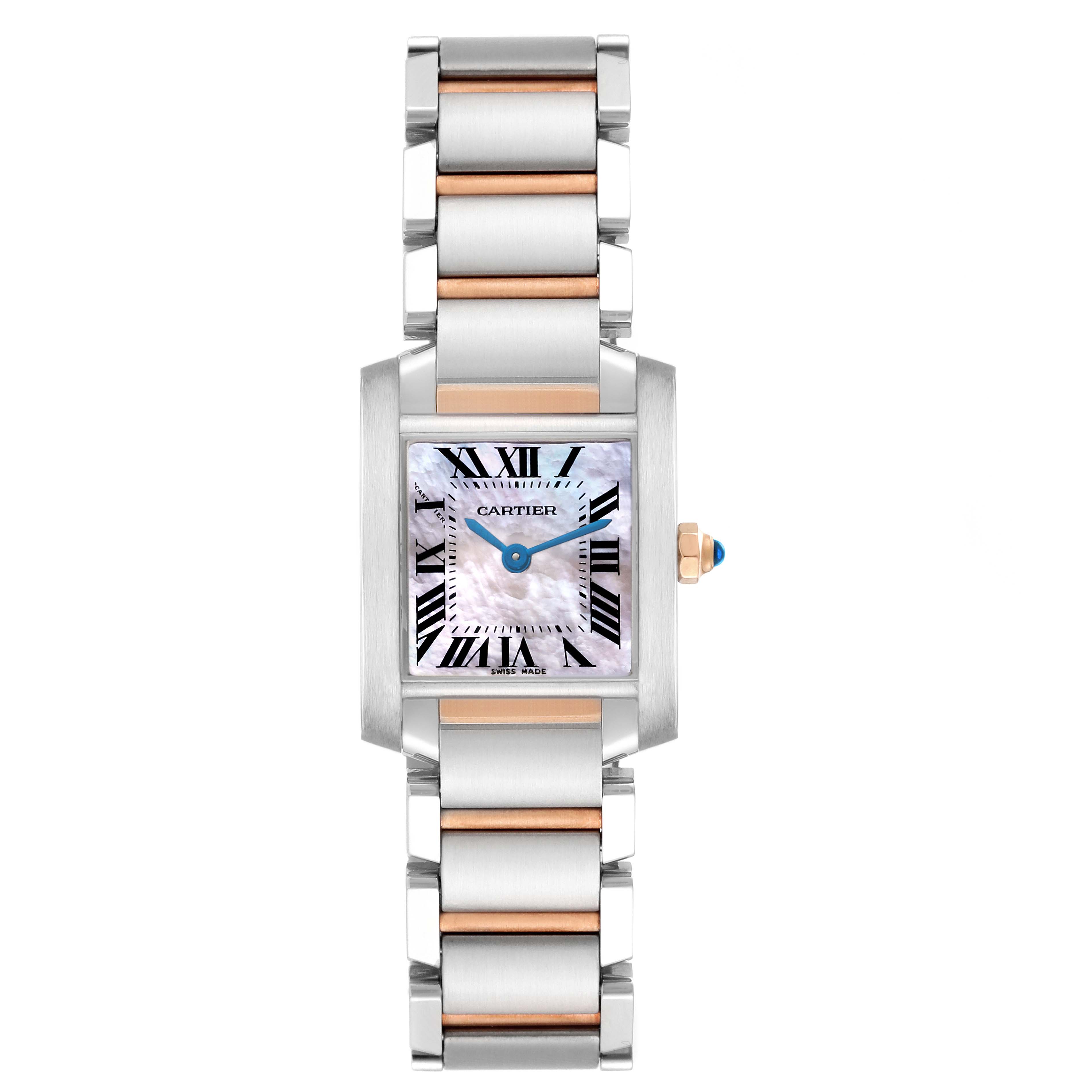 The Cartier Tank Francaise W51027Q4 Women's Steel and Gold (two tone) Mother of Pearl Dial W51027Q4 Women's Steel and Gold (two tone) Mother of Pearl Dial watch is shown from a front angle, highlighting its two-tone bracelet and rectangular face with Roman numerals.