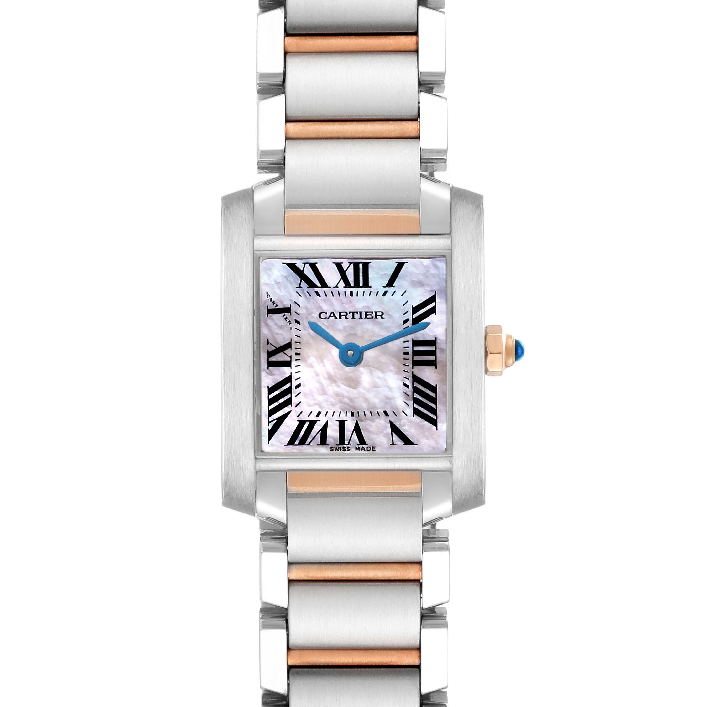 The Cartier Tank Francaise W51027Q4 Women's Steel and Gold (two tone) Mother of Pearl Dial W51027Q4 Women's Steel and Gold (two tone) Mother of Pearl Dial watch is shown from a top-down angle, featuring the face, bracelet, and crown detail.