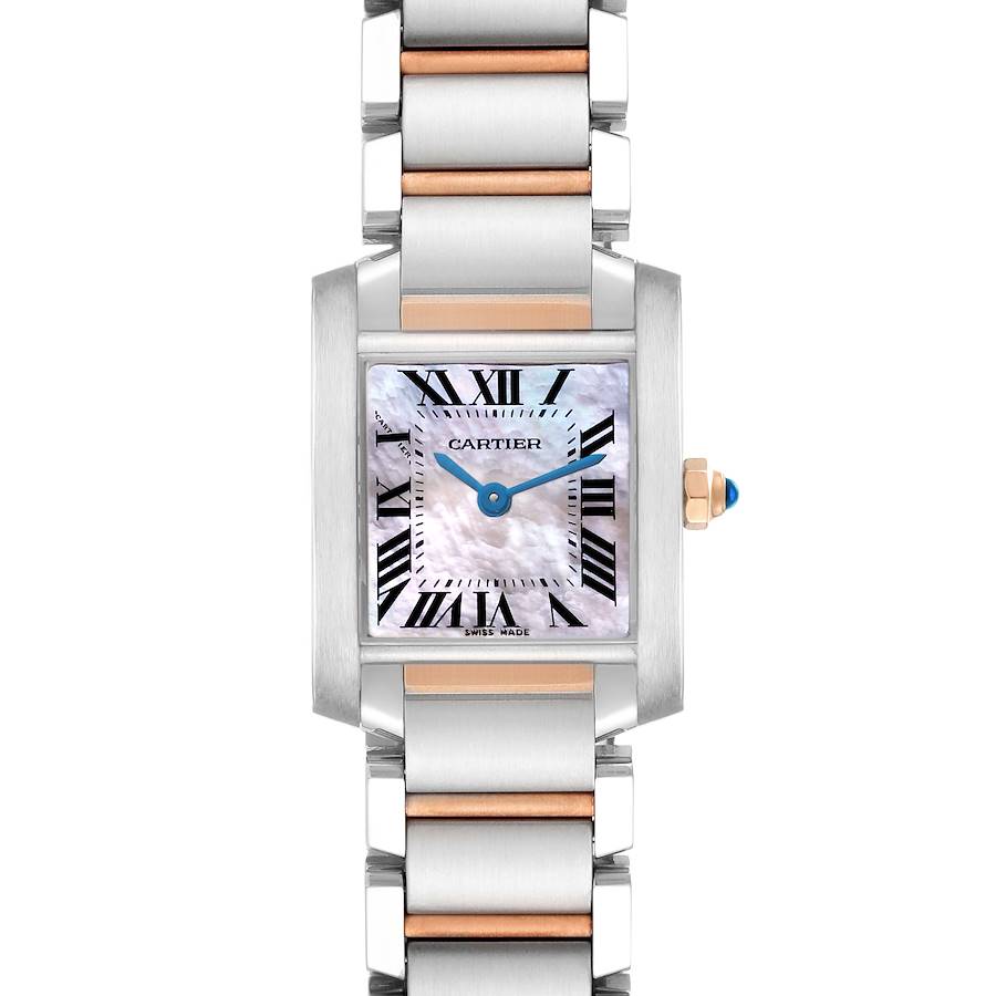 The Cartier Tank Francaise watch is shown from a top-down angle, featuring the face, bracelet, and crown detail.