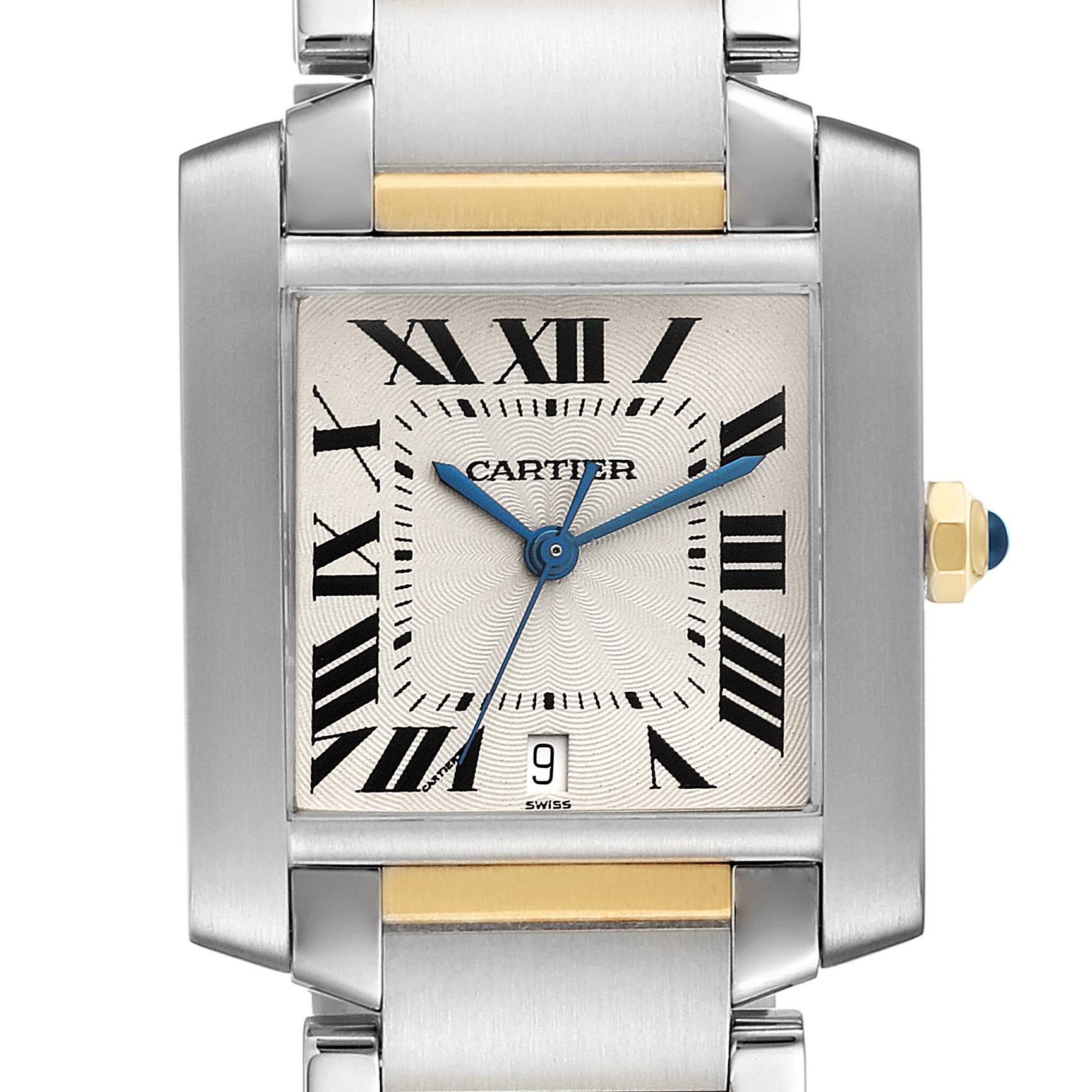 The image shows a close-up, front-facing view of the Cartier Tank Francaise W51005Q4 Men's Steel and Gold (two tone) Silver Dial W51005Q4 Men's Steel and Gold (two tone) Silver Dial watch, highlighting the face, dial, and part of the bracelet.