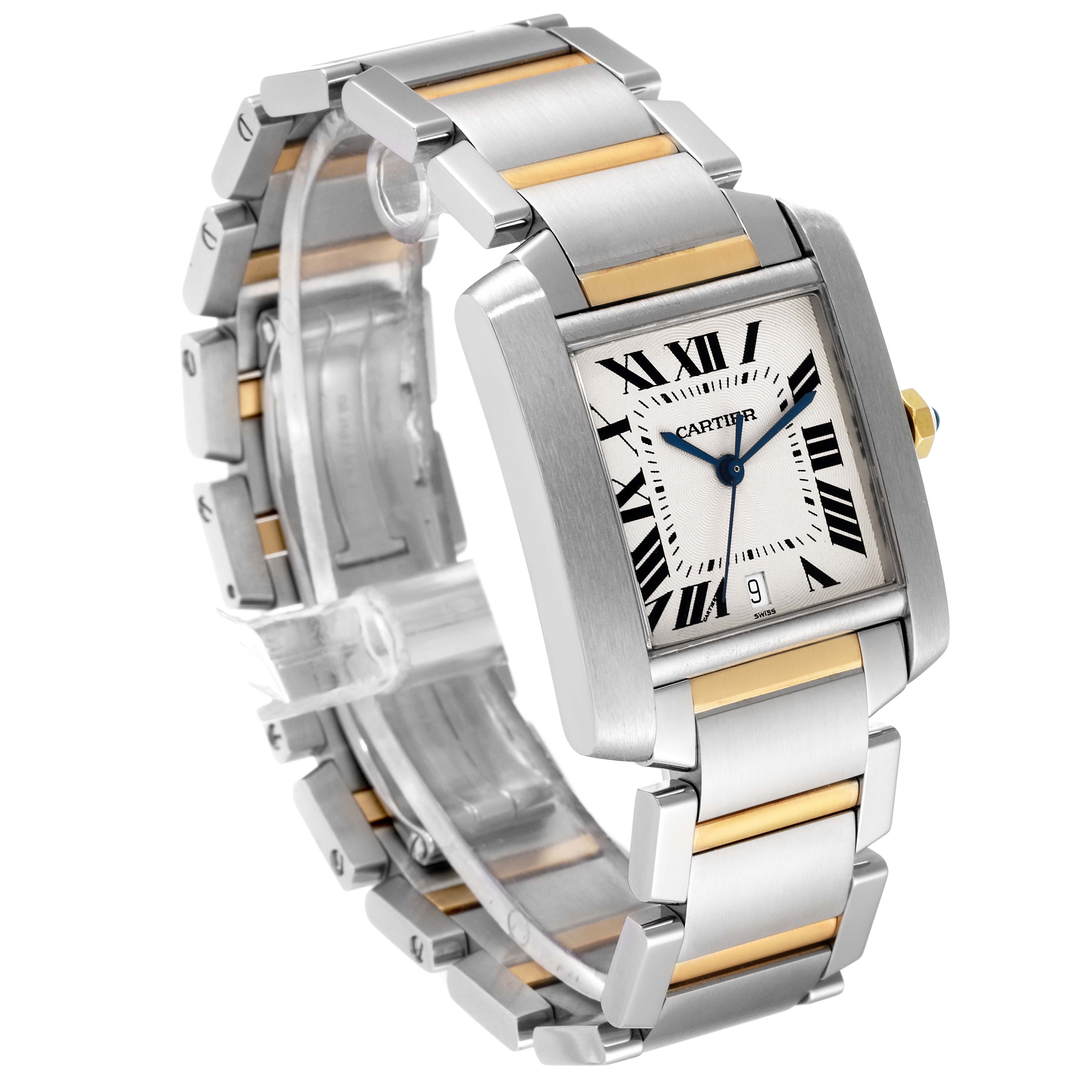 This image shows the Cartier Tank Francaise W51005Q4 Men's Steel and Gold (two tone) Silver Dial W51005Q4 Men's Steel and Gold (two tone) Silver Dial watch angled slightly to the right, displaying its rectangular face and the two-tone metal bracelet.