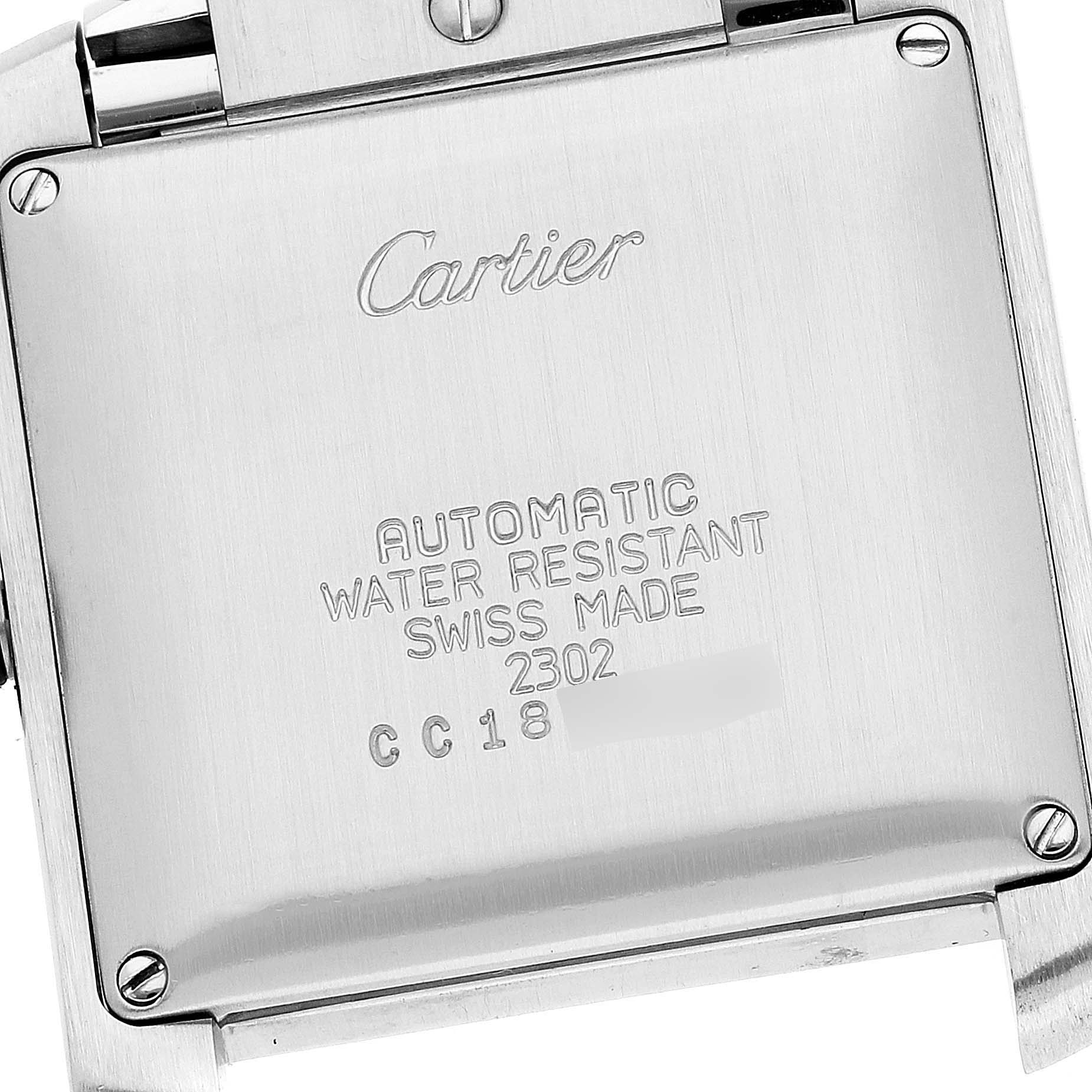 This image shows the engraved case back of a Cartier Tank Francaise W51005Q4 Men's Steel and Gold (two tone) Silver Dial W51005Q4 Men's Steel and Gold (two tone) Silver Dial watch from a close-up angle.
