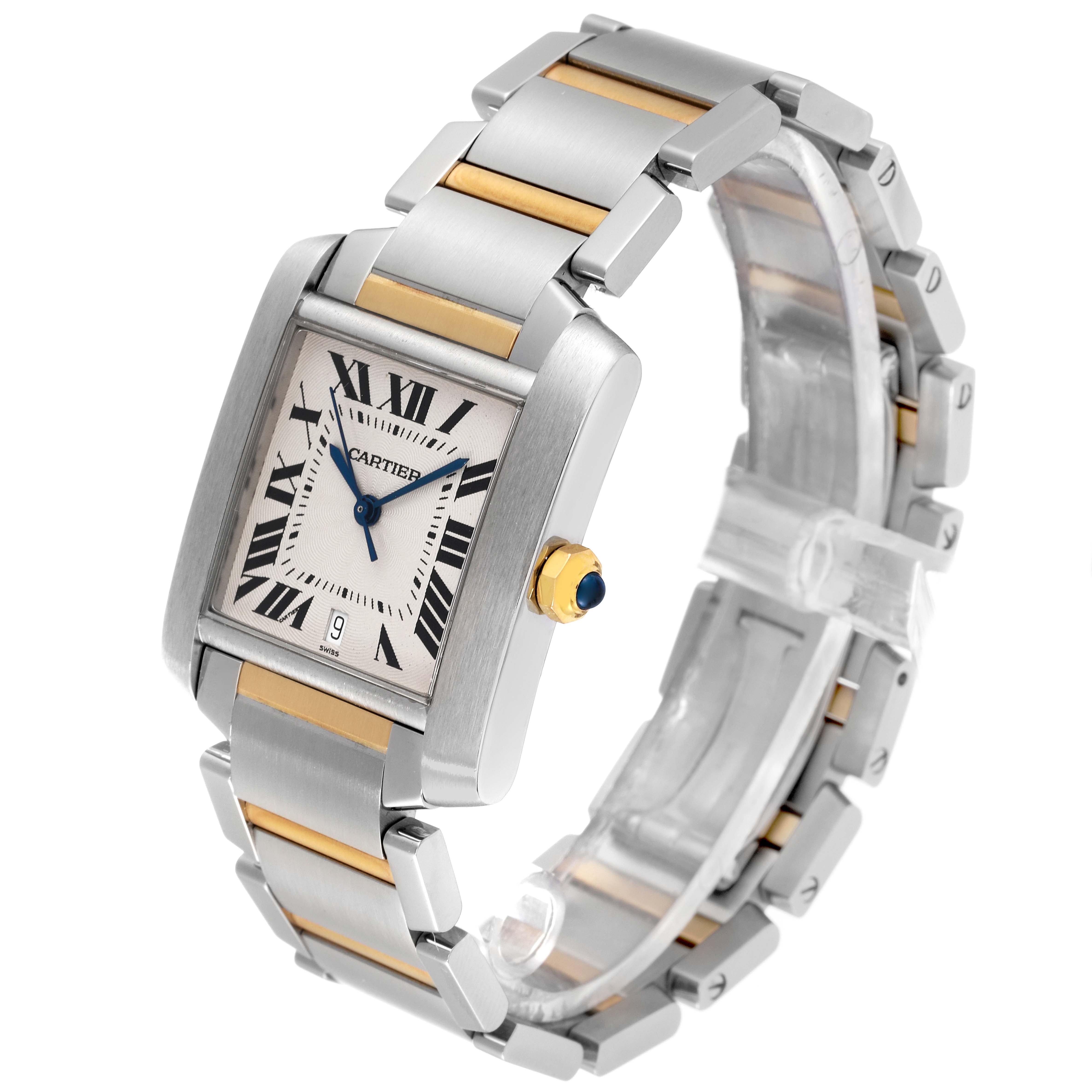 This Cartier Tank Francaise W51005Q4 Men's Steel and Gold (two tone) Silver Dial W51005Q4 Men's Steel and Gold (two tone) Silver Dial watch is shown from a three-quarter angle, highlighting the dial, crown, and two-tone bracelet.