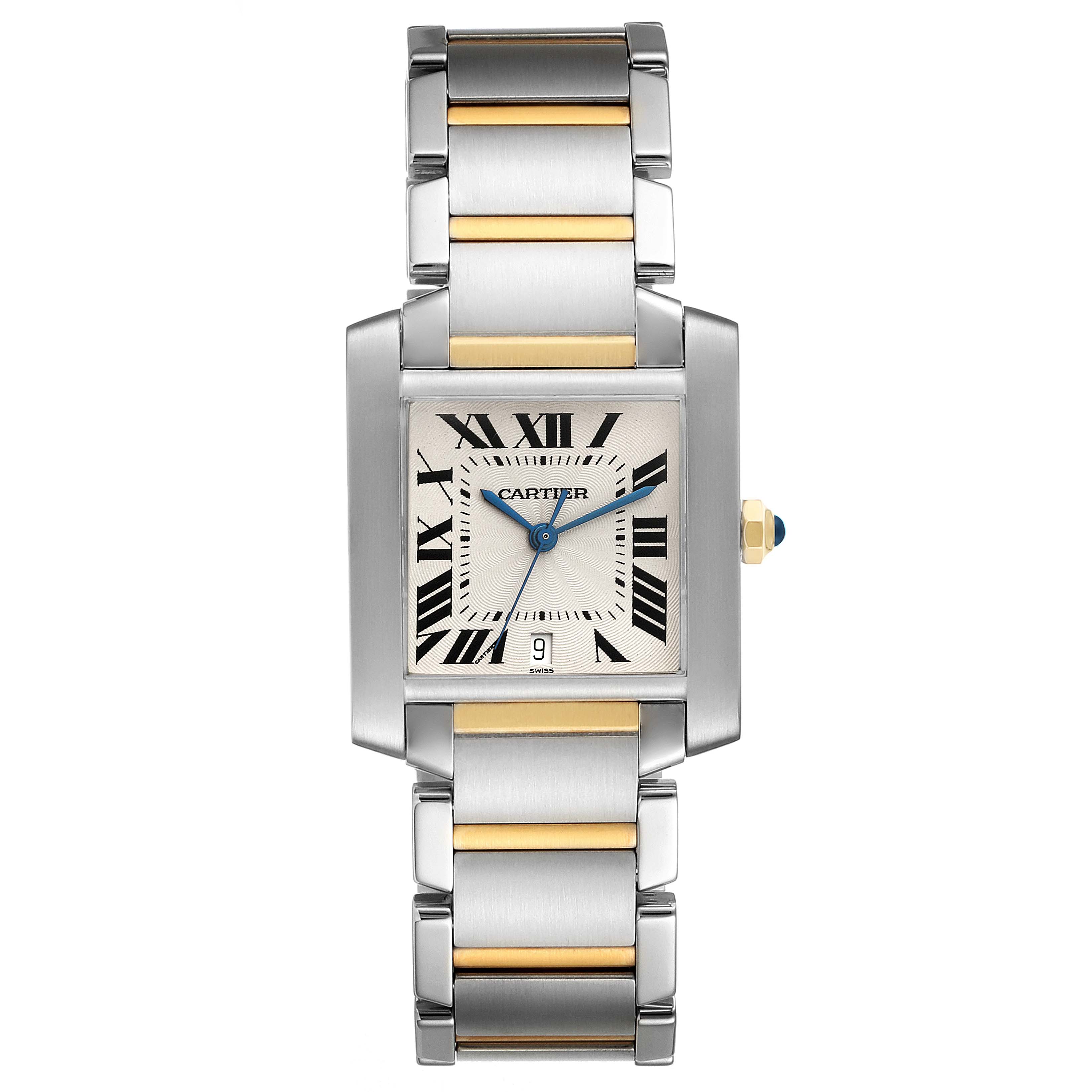 This image shows a front view of the Cartier Tank Francaise W51005Q4 Men's Steel and Gold (two tone) Silver Dial W51005Q4 Men's Steel and Gold (two tone) Silver Dial watch, highlighting its dial, bracelet, and crown.