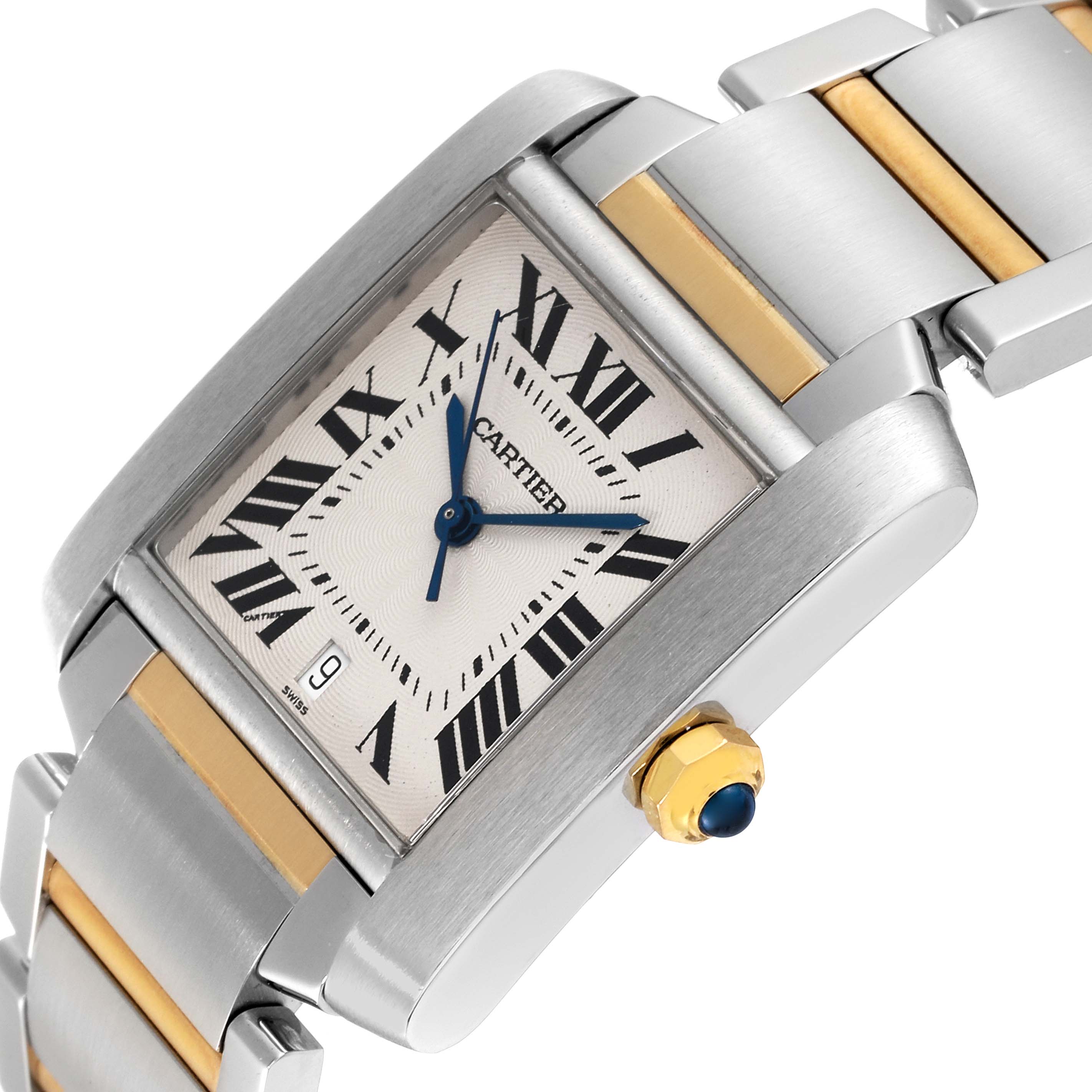 This image shows a close-up view of the Cartier Tank Française watch, highlighting its face, crown, and part of its metal bracelet.