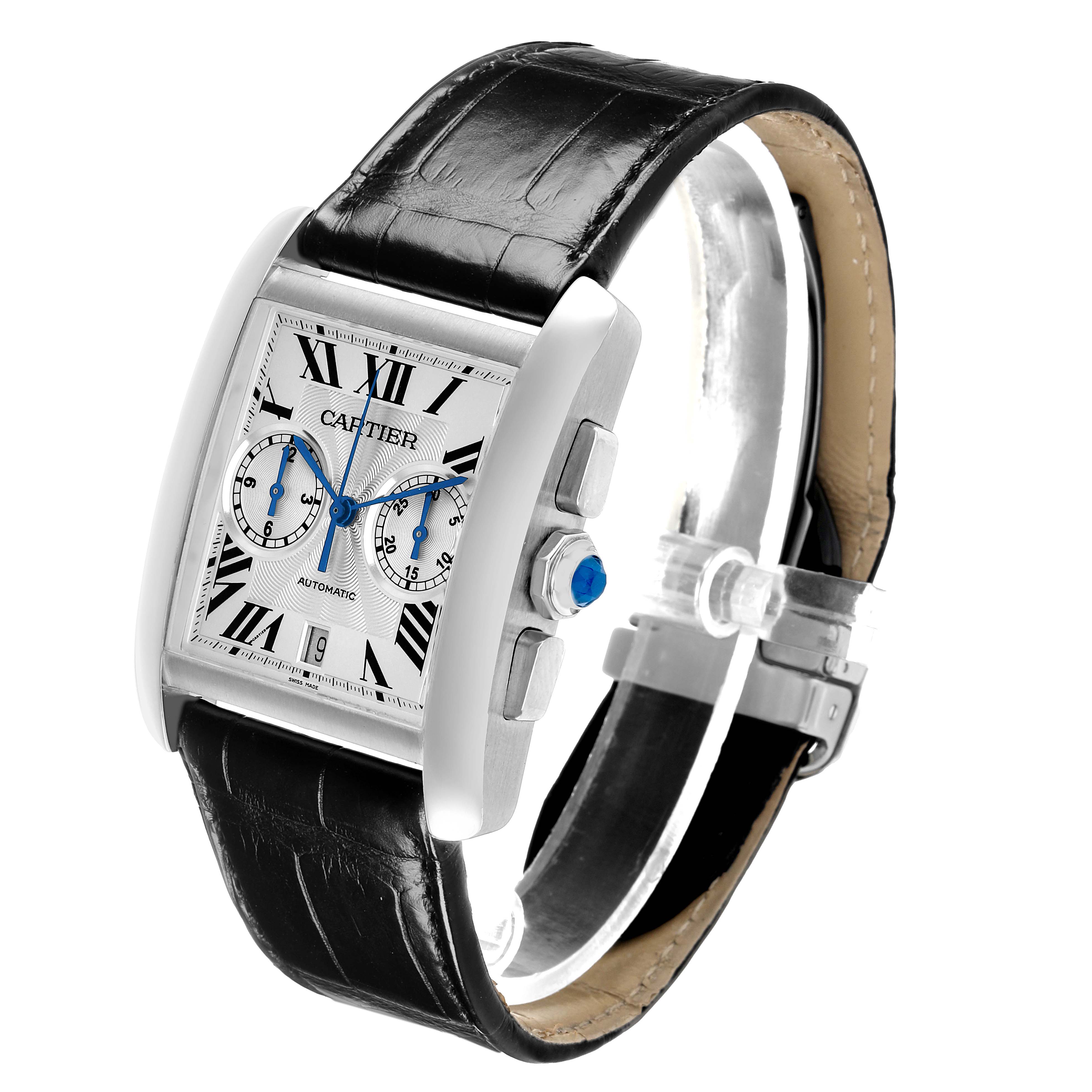 The Cartier Tank MC W5330007 Men's Stainless Steel Silver Dial watch is shown at a three-quarter angle displaying the face, side case, and leather strap.