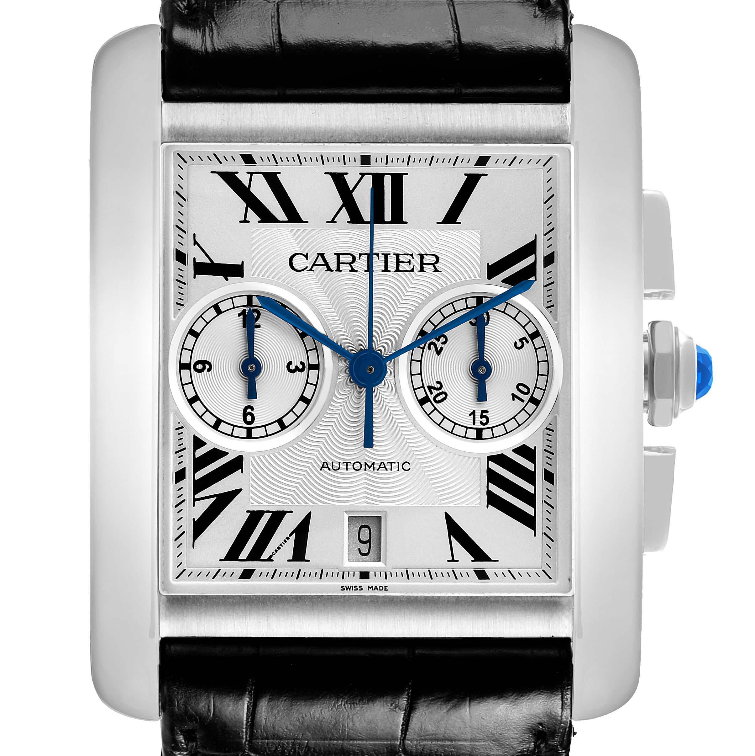 The Cartier Tank MC W5330007 Men's Stainless Steel Silver Dial watch is shown from a front angle, highlighting its rectangular case, Roman numerals, and sub-dials.