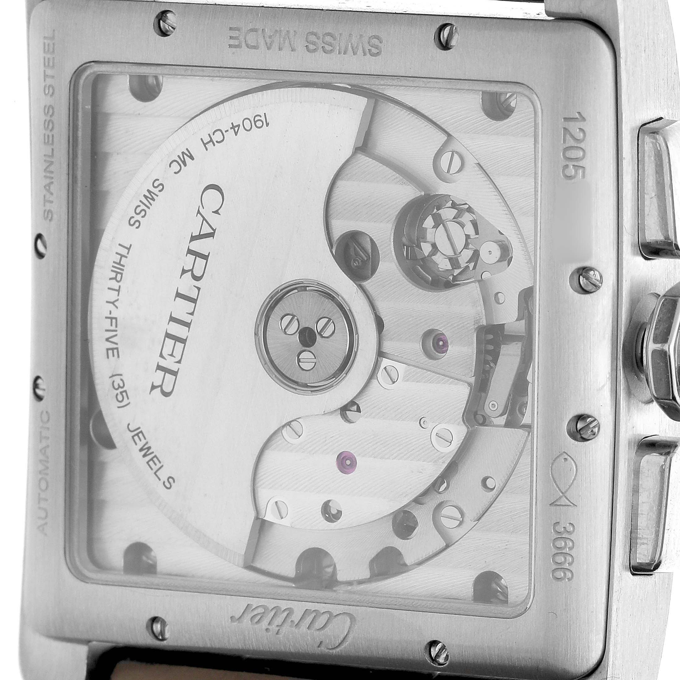 The image shows the back of the Cartier Tank MC W5330007 Men's Stainless Steel Silver Dial watch, highlighting its movement and internal mechanics.