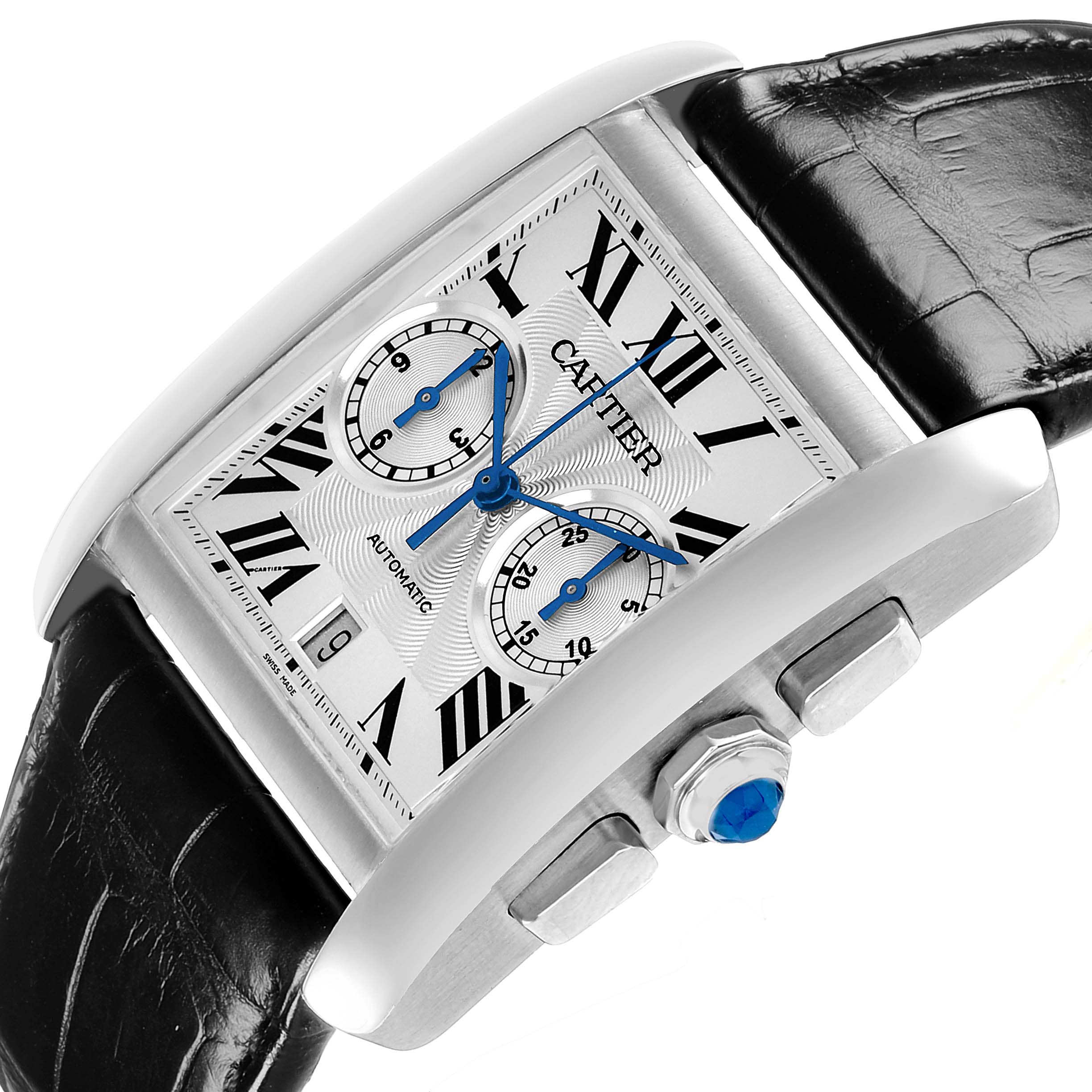 The Cartier Tank MC W5330007 Men's Stainless Steel Silver Dial watch is shown at an angled side view, highlighting the crown and strap.