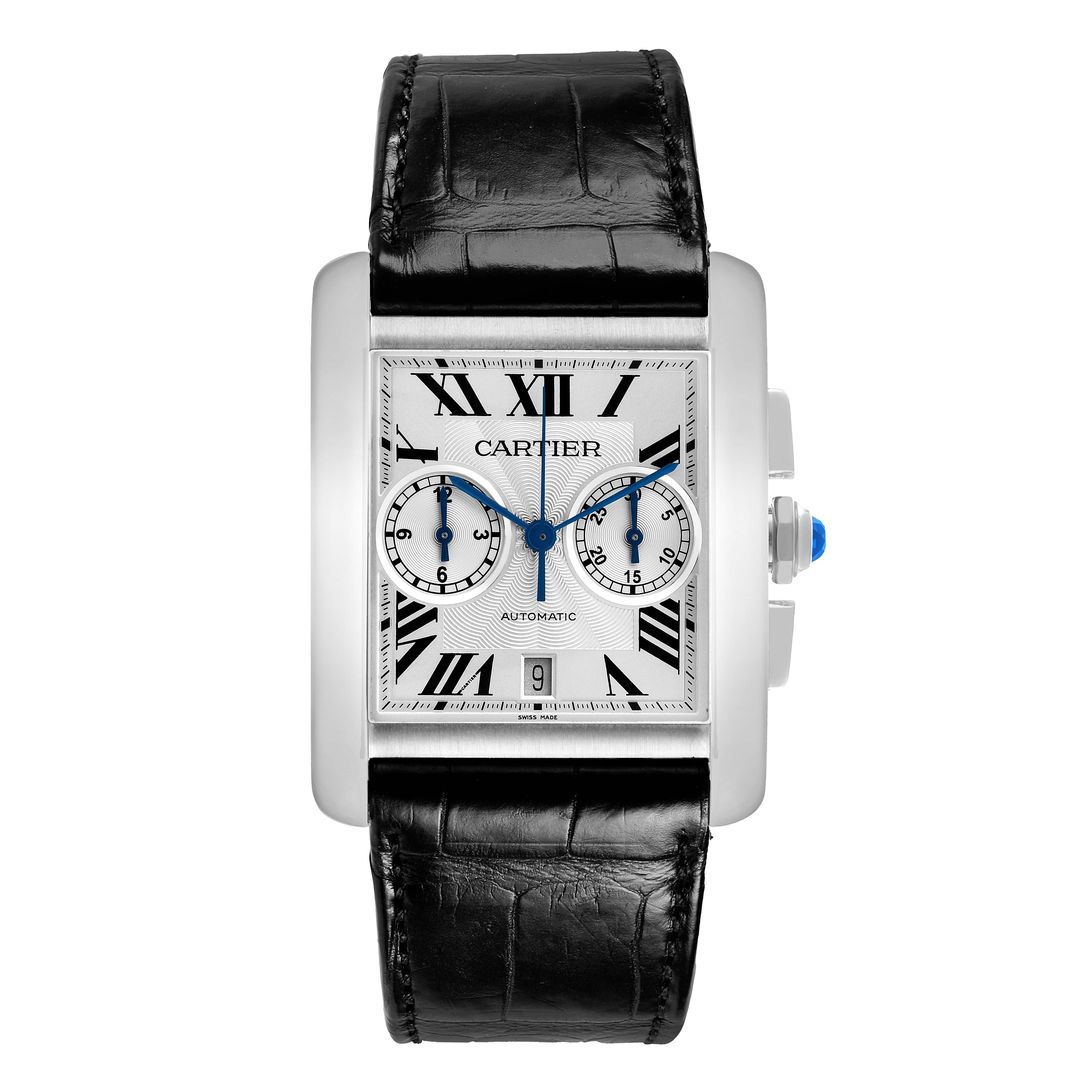 The Cartier Tank MC W5330007 Men's Stainless Steel Silver Dial watch is shown from a front angle, displaying its rectangular face, Roman numerals, subdials, and leather strap.