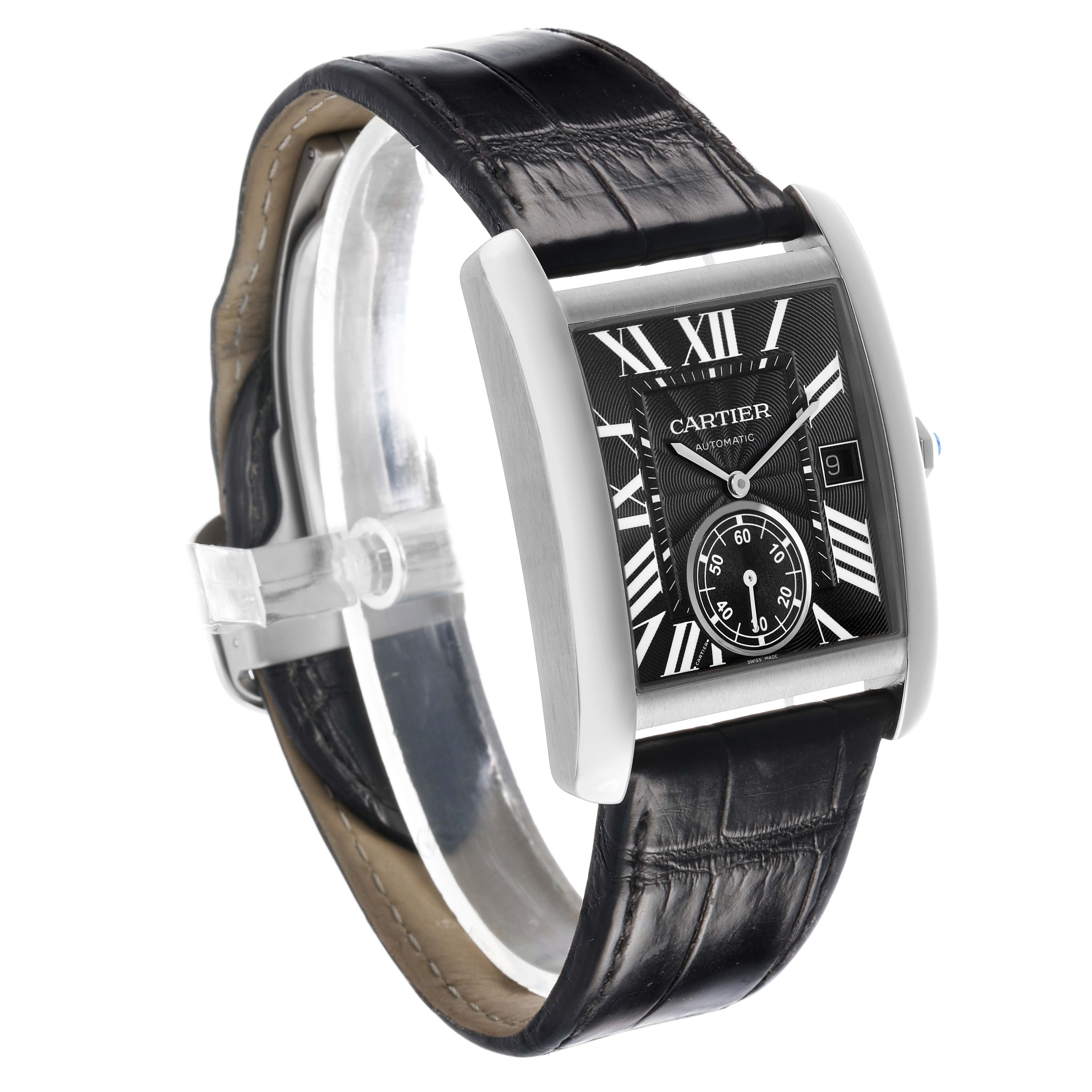 The Cartier Tank MC W5330004 Men's Stainless Steel Black Dial watch is shown at an angled side view, highlighting the dial, case, and part of the leather strap.