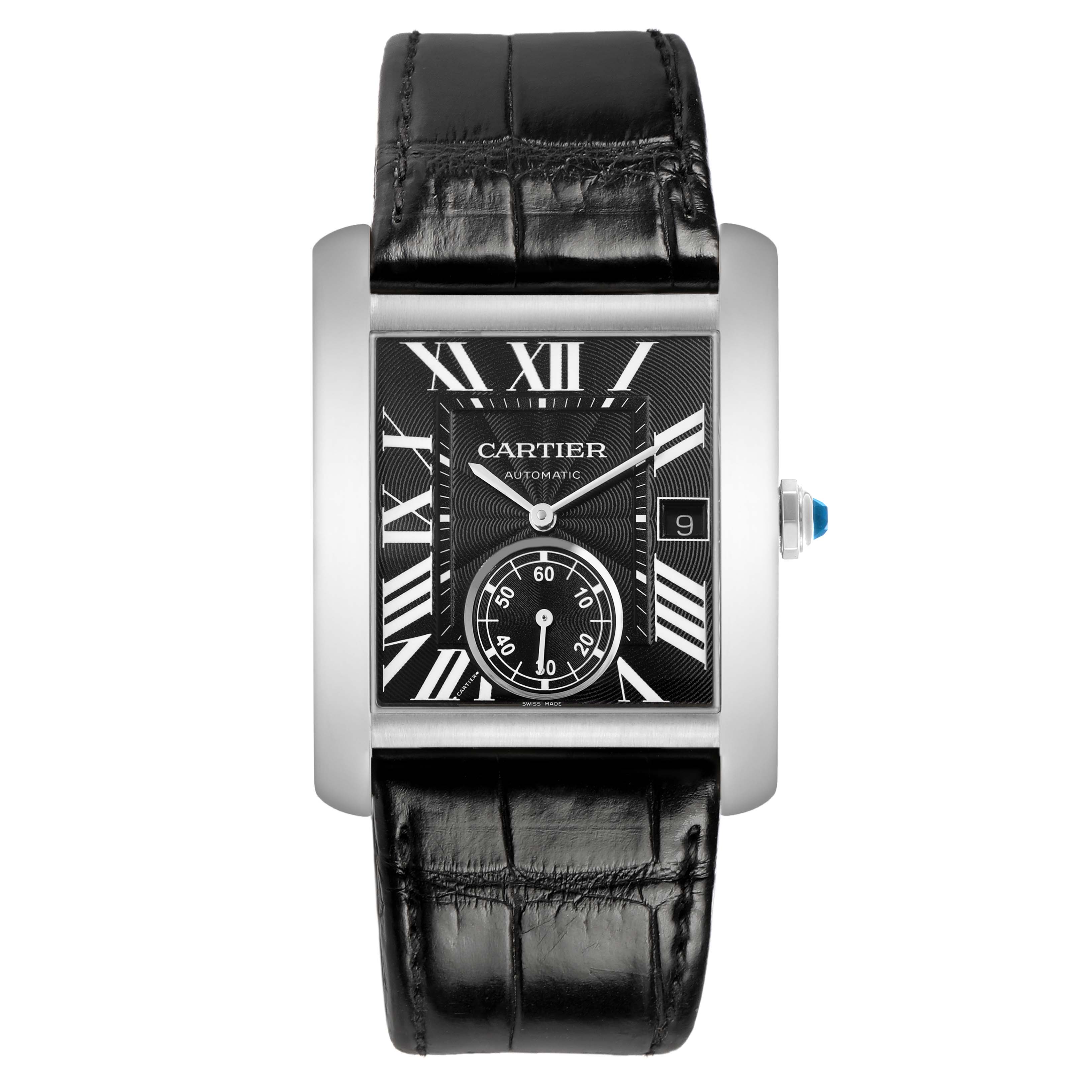 The Cartier Tank MC W5330004 Men's Stainless Steel Black Dial watch is shown from the front, displaying its rectangular case, black Roman numeral dial, and black leather strap.