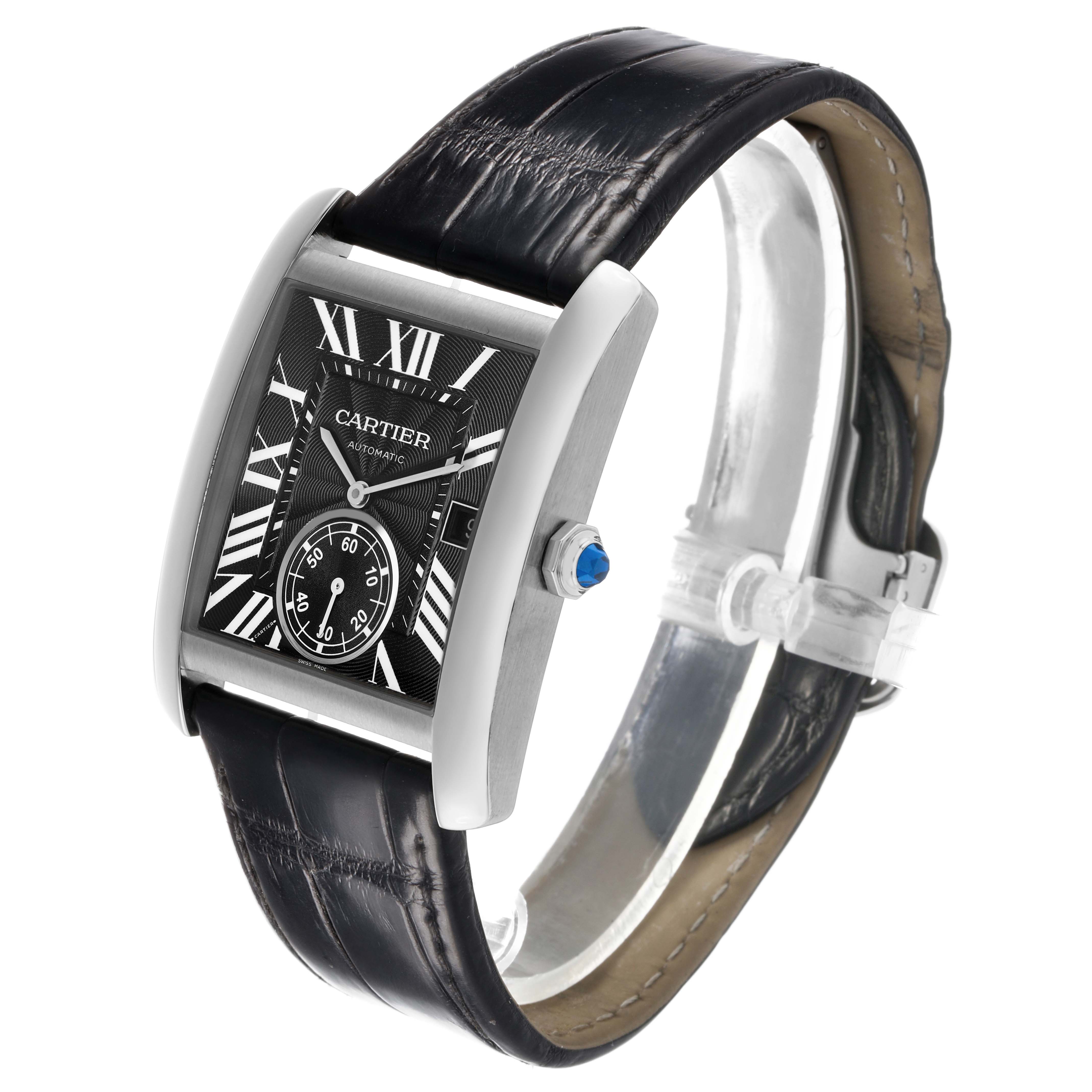 The Cartier Tank MC W5330004 Men's Stainless Steel Black Dial watch is shown at a three-quarter angle, highlighting the dial, crown, and leather strap.