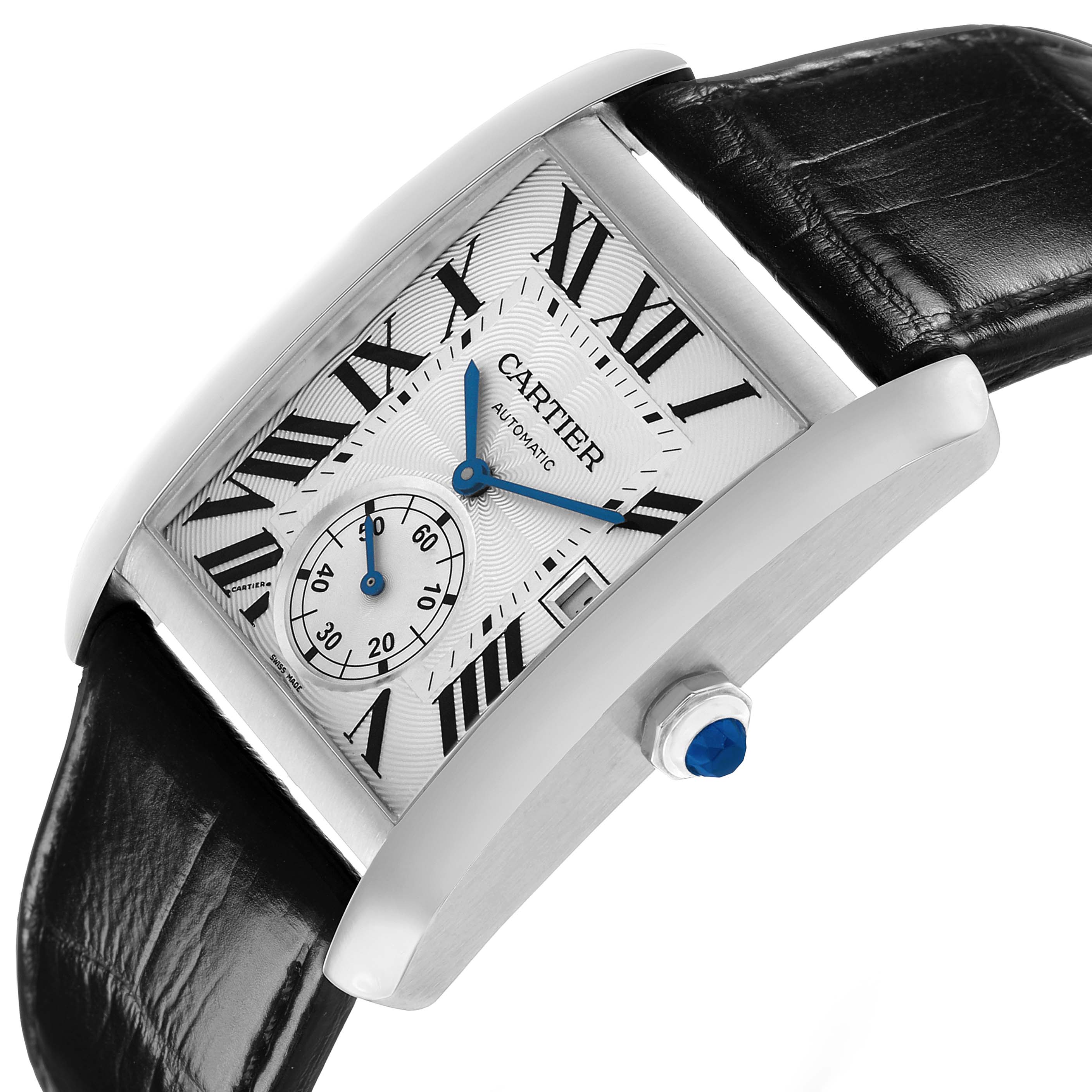 The Cartier Tank MC W5330003 Men's Stainless Steel Silver Dial watch is shown at a 3/4 angle, displaying the face, blue hands, and crown with a blue gem.