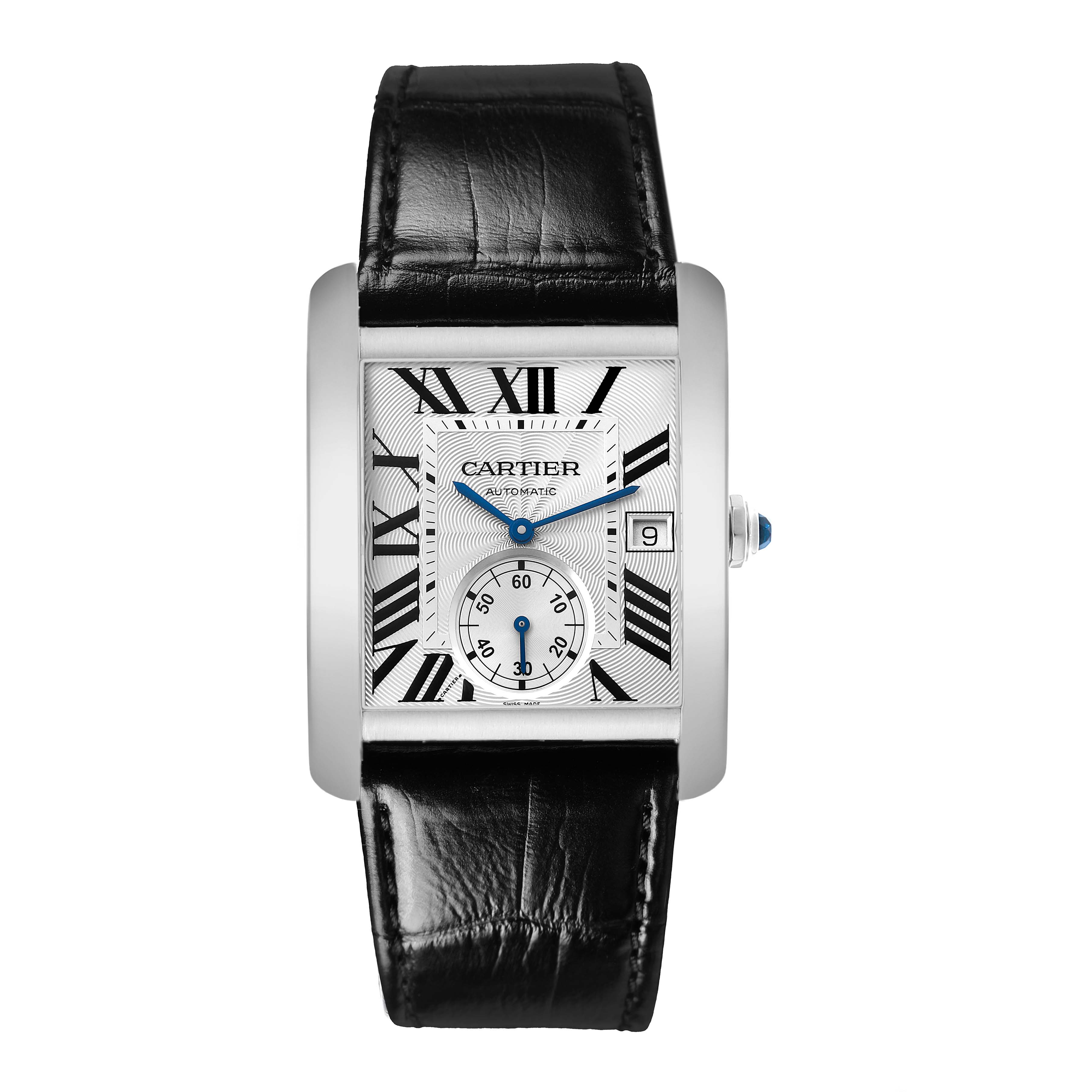 The Cartier Tank MC W5330003 Men's Stainless Steel Silver Dial watch is shown from a top-down angle, highlighting its black leather strap and rectangular face with Roman numerals.