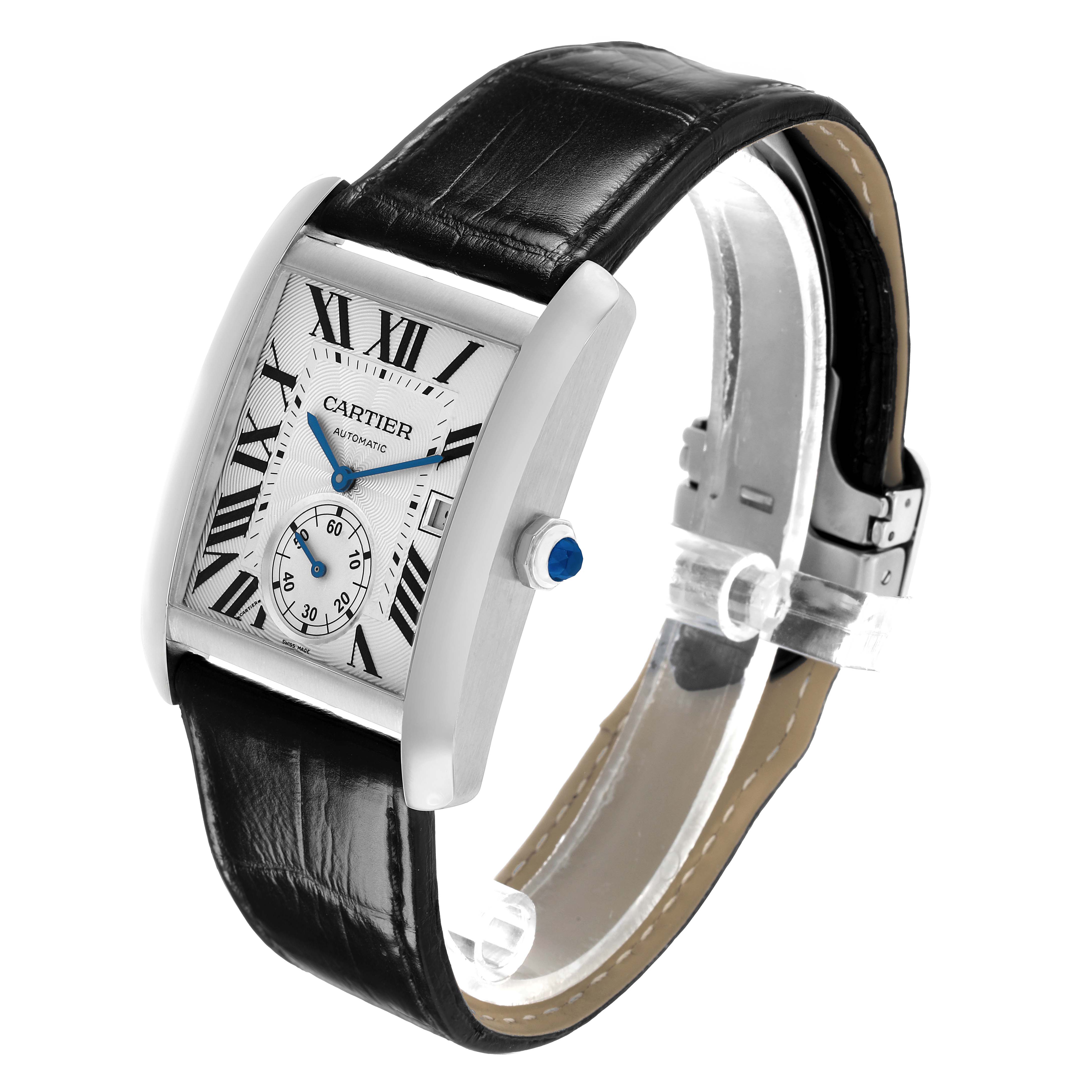The Cartier Tank MC W5330003 Men's Stainless Steel Silver Dial watch is shown at an angled side view, featuring the dial, crown, and leather strap.