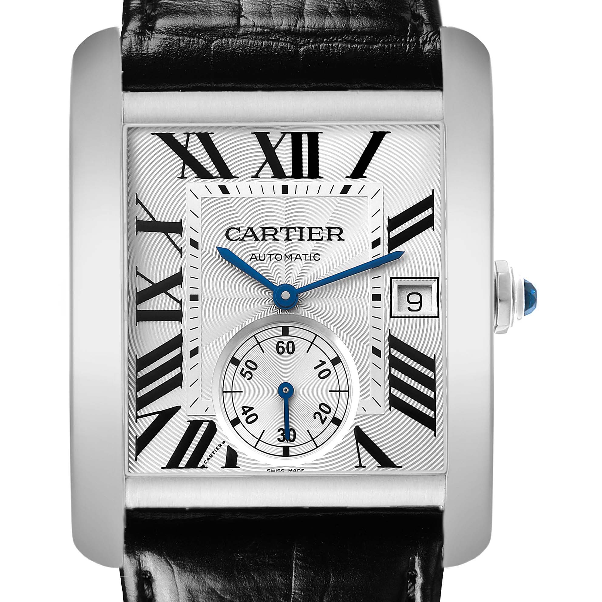 The Cartier Tank MC W5330003 Men's Stainless Steel Silver Dial watch is shown from a front angle, highlighting its rectangular face, Roman numerals, and blue hands.
