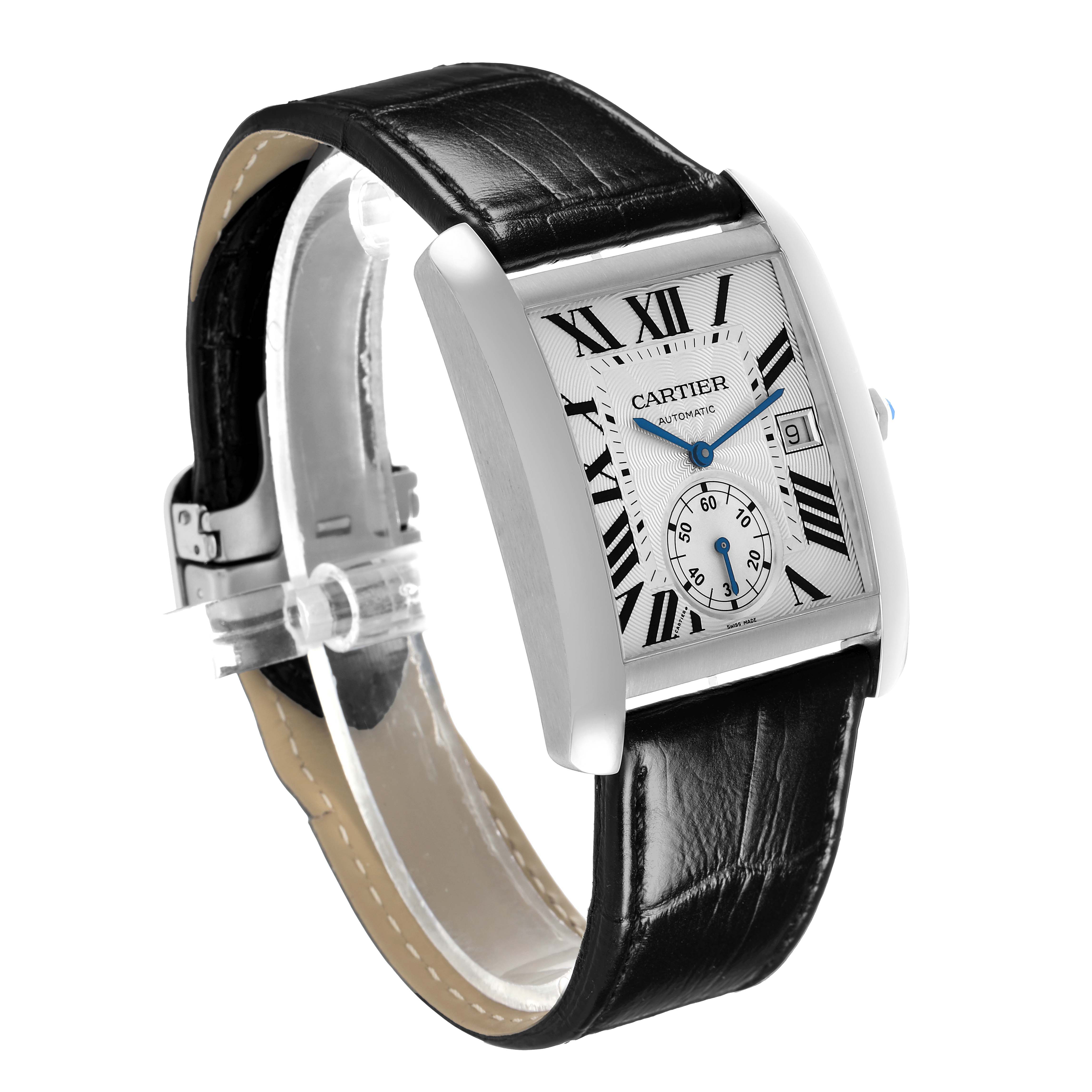 The Cartier Tank MC W5330003 Men's Stainless Steel Silver Dial watch is shown at a three-quarter angle, displaying the face, crown, and black leather strap.