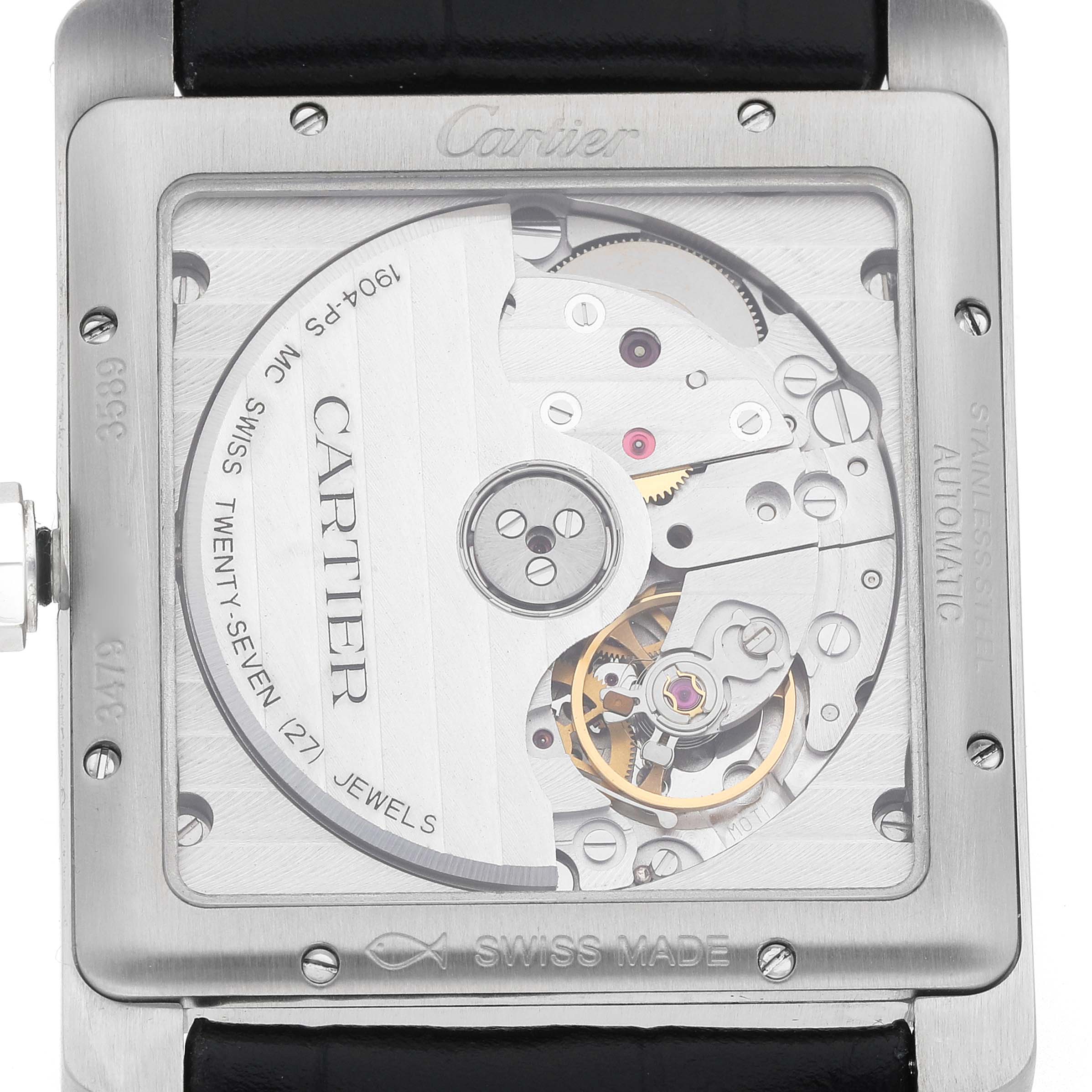 The image shows the back view of a Cartier Tank MC W5330003 Men's Stainless Steel Silver Dial, revealing its mechanical movement and Swiss-made details.