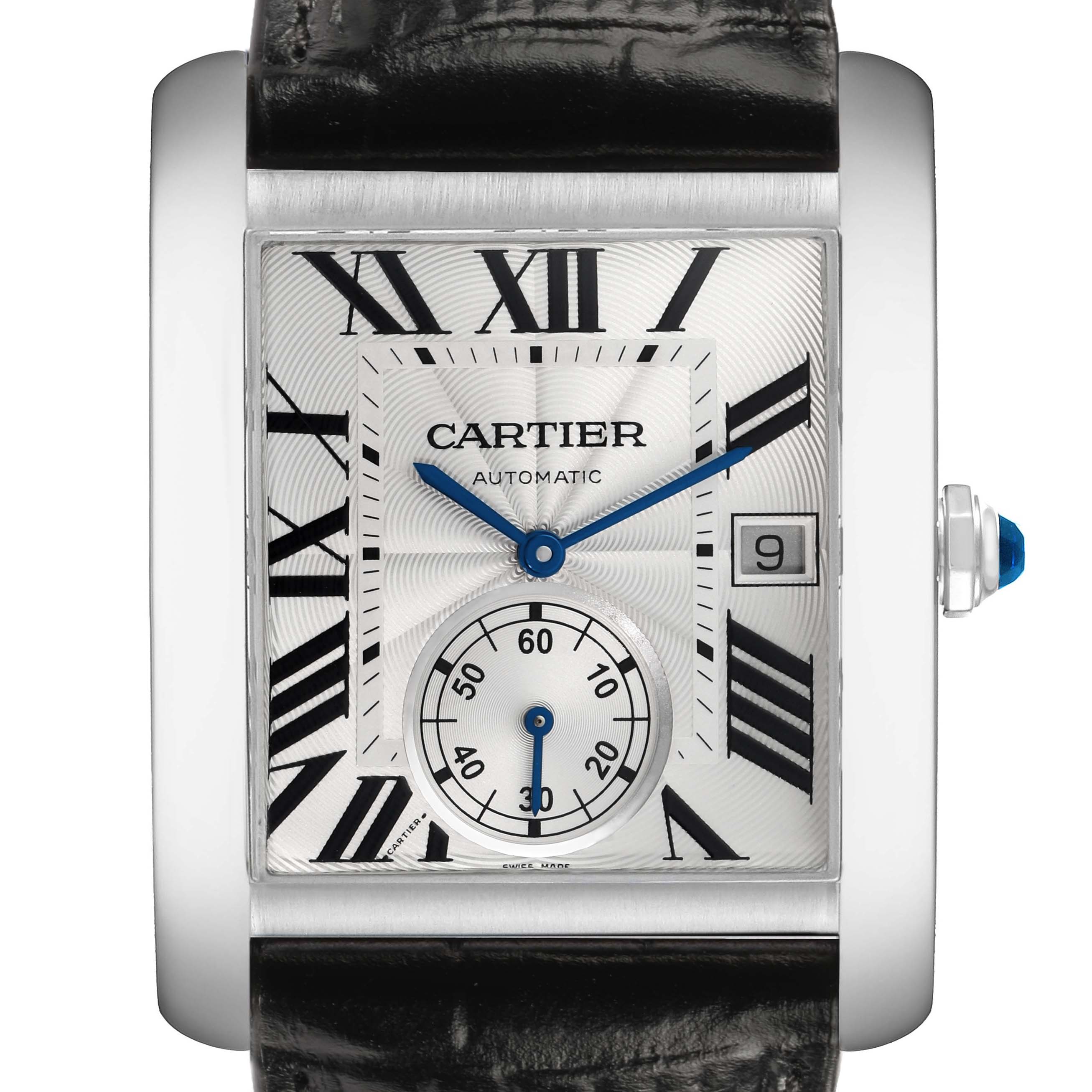 The Cartier Tank MC W5330003 Men's Stainless Steel Silver Dial watch is shown from the front, highlighting its rectangular face, Roman numerals, and date window.