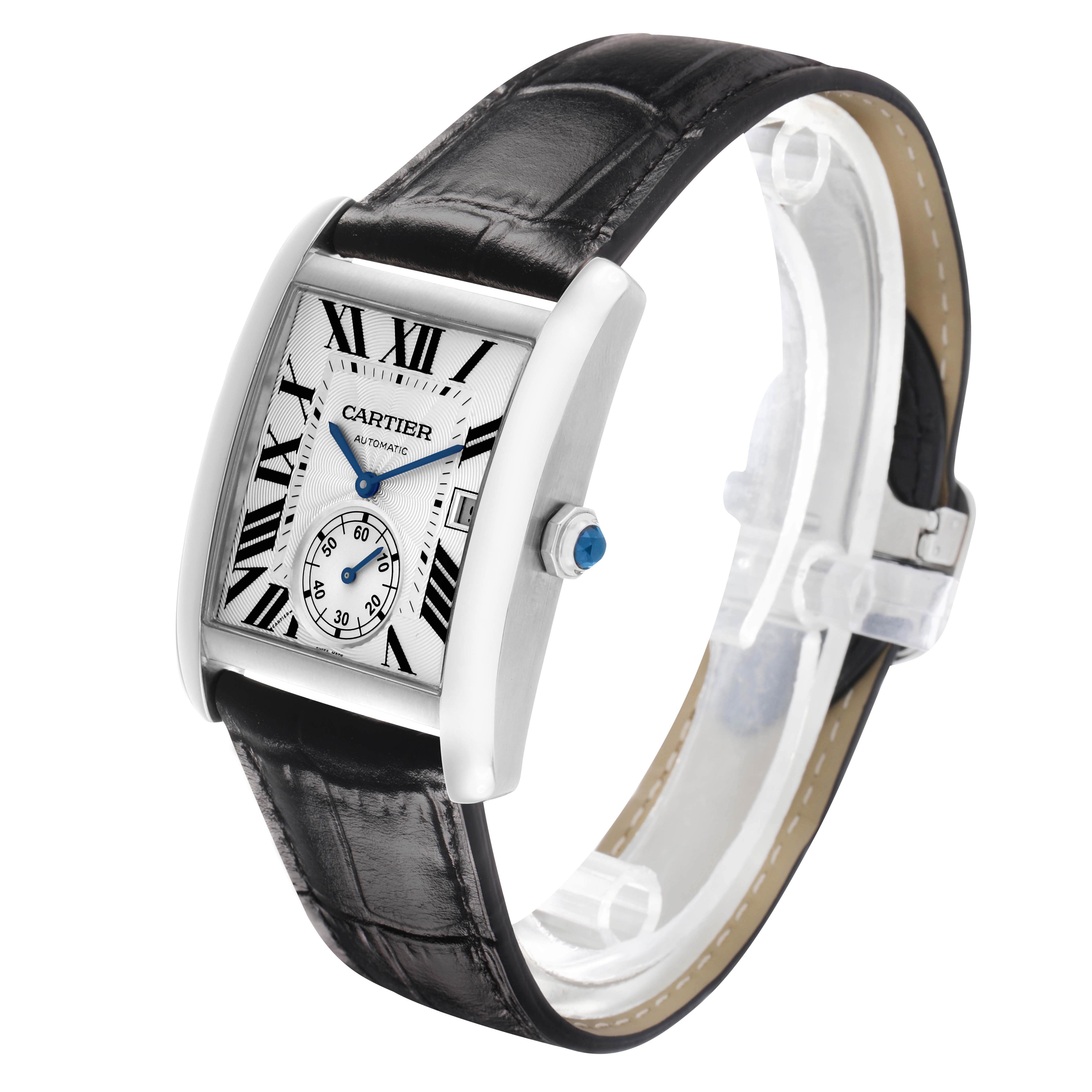 The Cartier Tank MC W5330003 Men's Stainless Steel Silver Dial watch is shown at a three-quarter angle, highlighting the face, crown, and black leather strap.